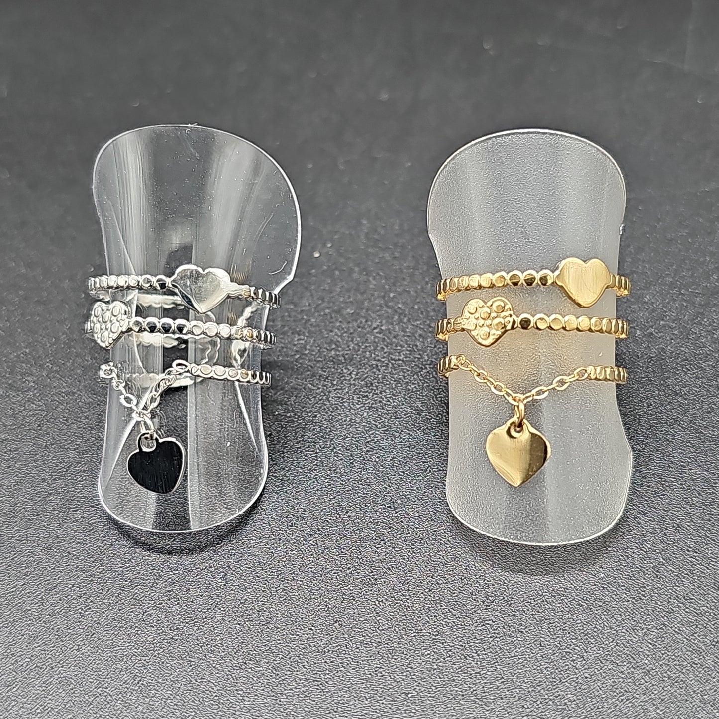 Bague triple rang ouverte ajustable trois anneaux acier inoxydable perlé doré argenté coeurs lisses martelés chaînette pampille forme coeur