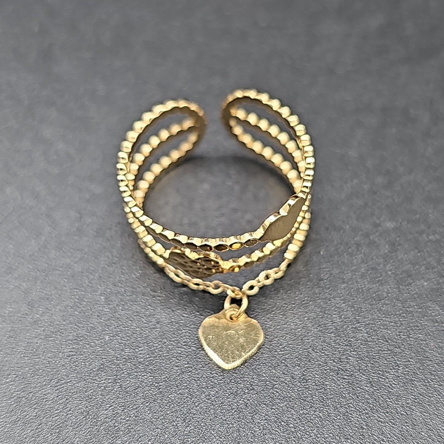 Bague triple rang ouverte ajustable trois anneaux acier inoxydable perlé doré argenté coeurs lisses martelés chaînette pampille forme coeur