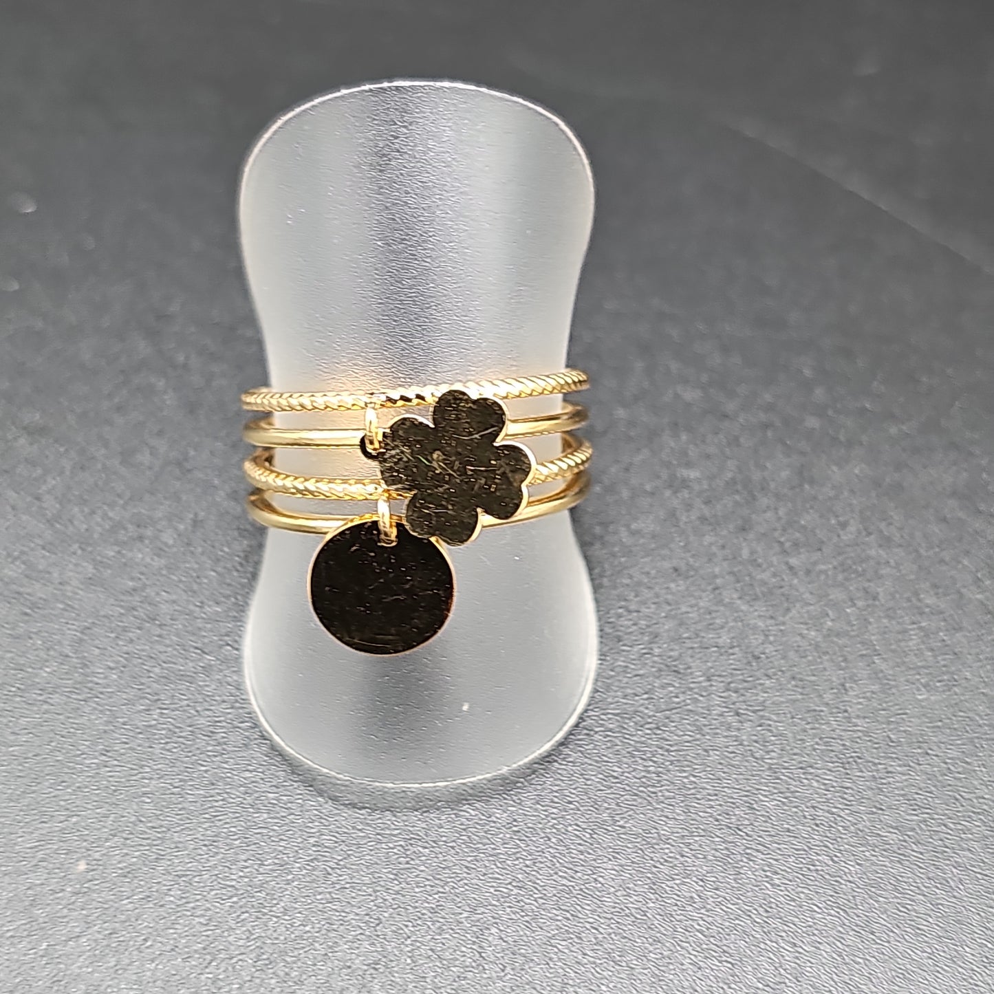 Bague multi-anneaux dorée ajustable acier inoxydable trèfle et pastille