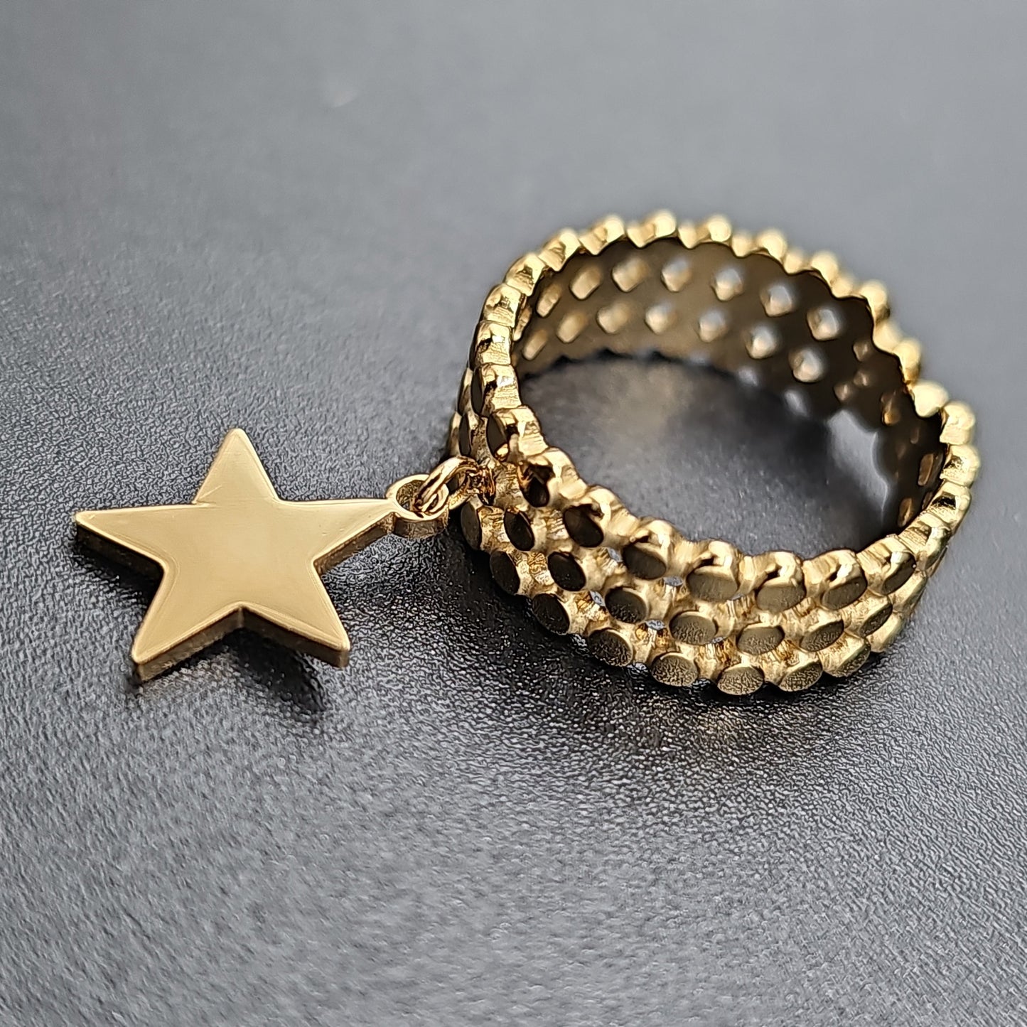 Bague triple rang dorée ajustable acier inoxydable – anneaux perlés & pampille étoile
