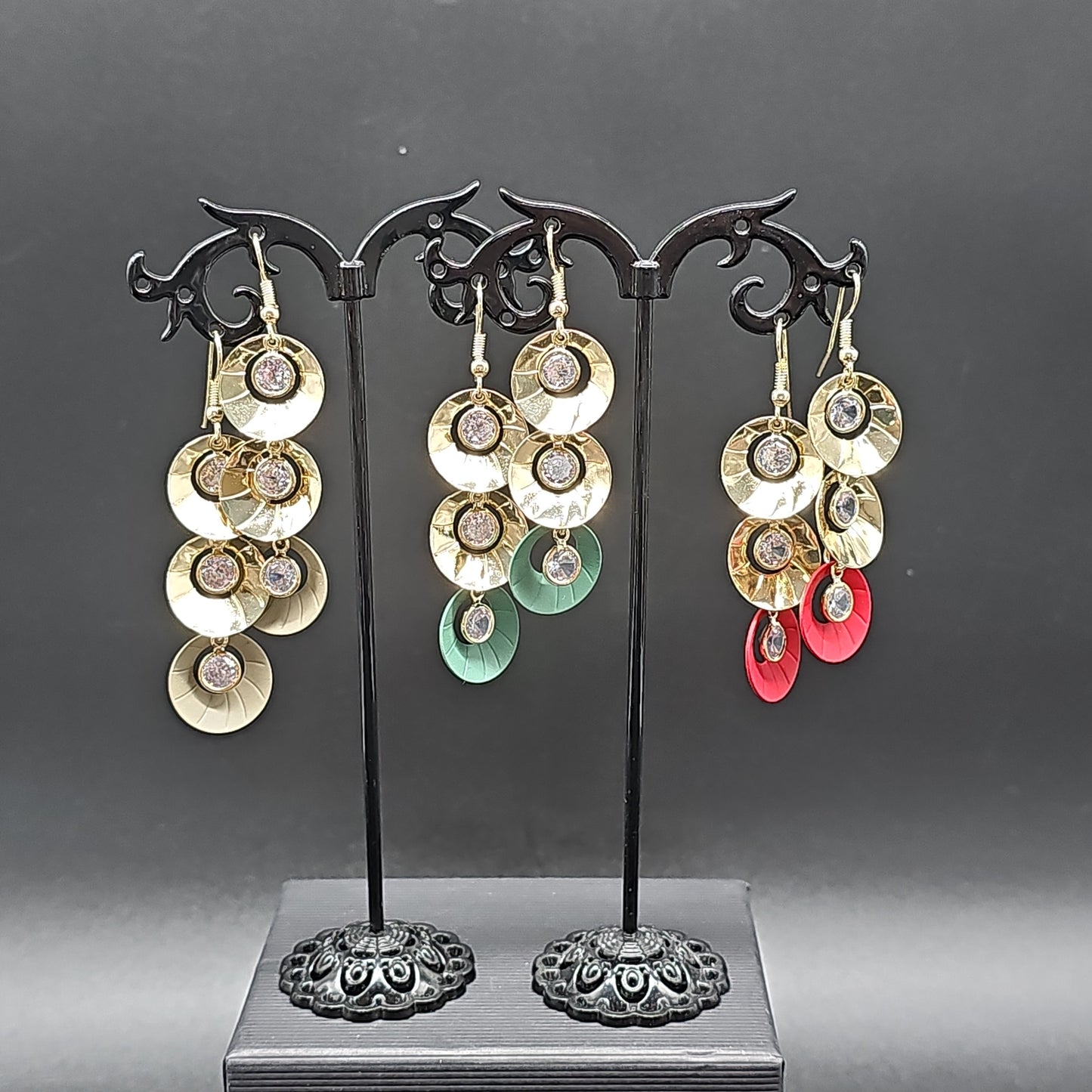 Boucles pendantes 3 disques strass – acier inoxydable doré