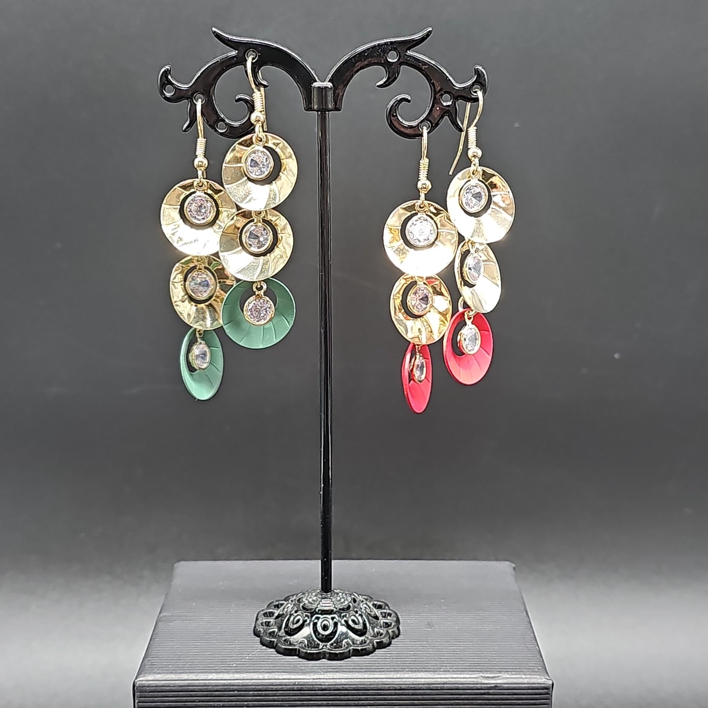 Boucles pendantes 3 disques strass – acier inoxydable doré