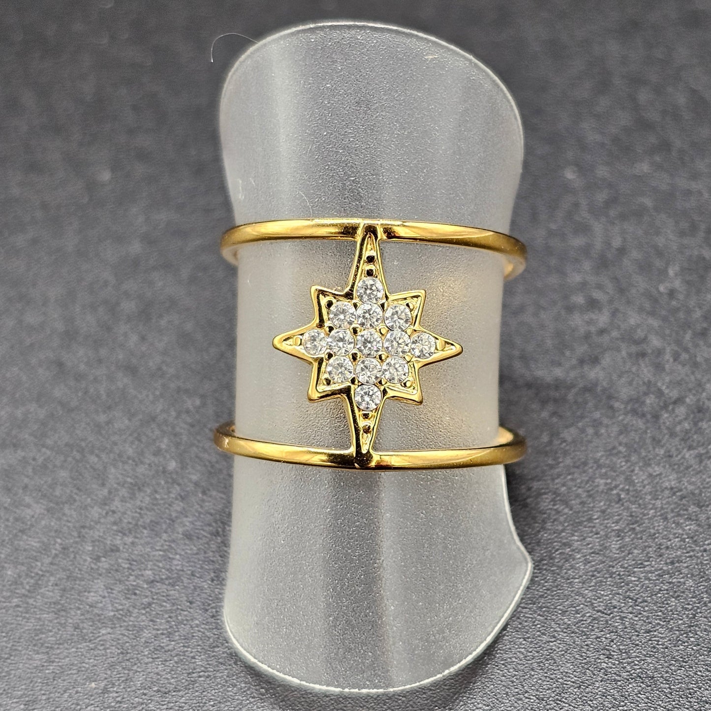 Bague ajourée dorée étoile polaire – acier inoxydable ajustable deux anneaux fins sertis de strass