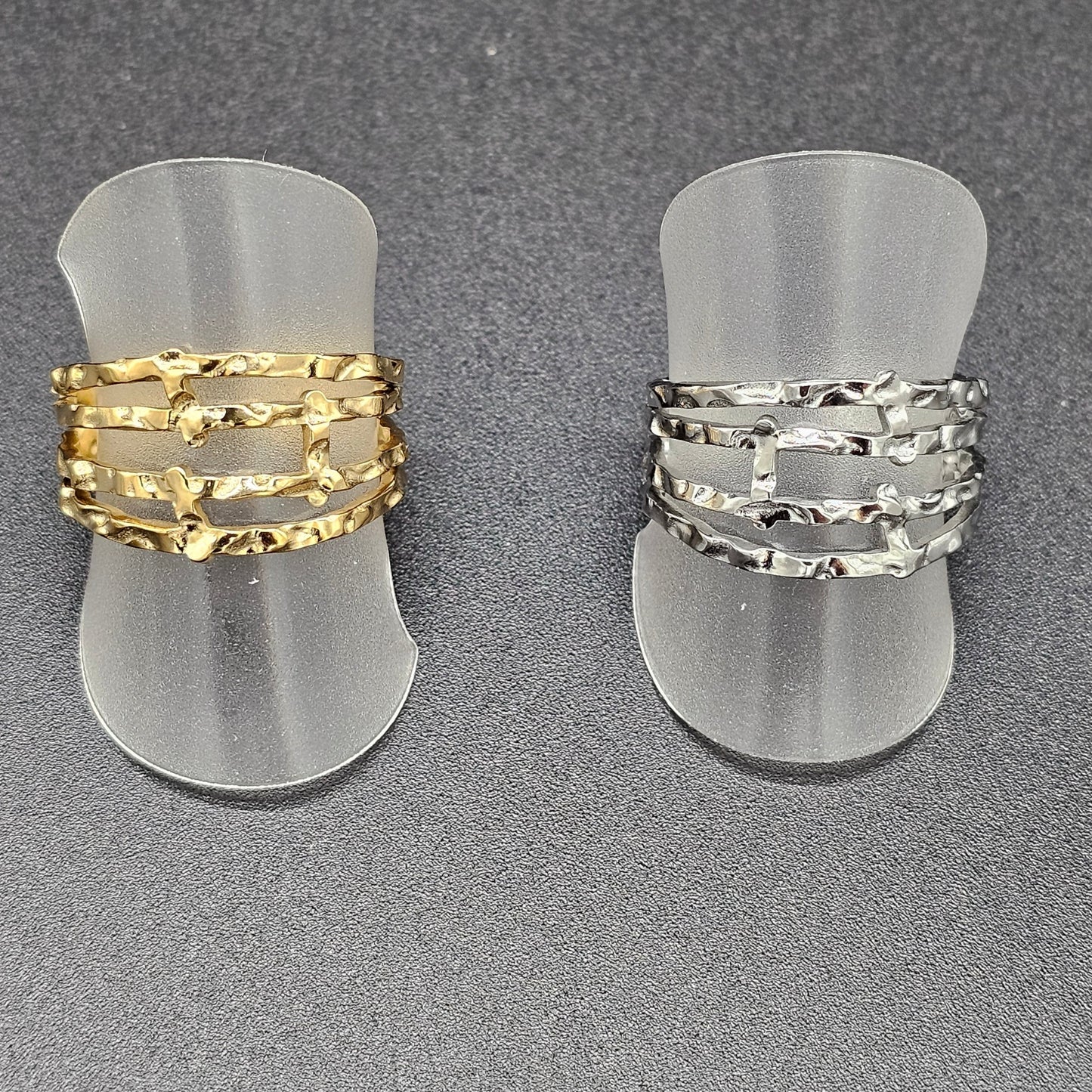 Bague large multi-anneaux ouverte ajustable acier inoxydable doré argenté martelé