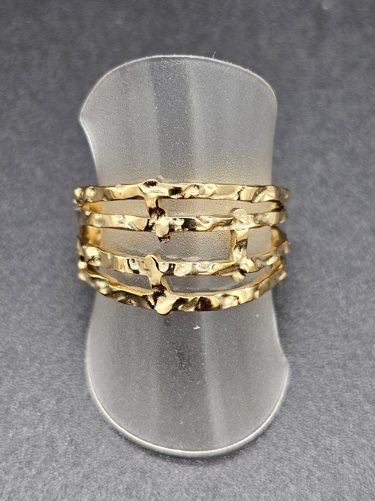 Bague large multi-anneaux ouverte ajustable acier inoxydable doré argenté martelé