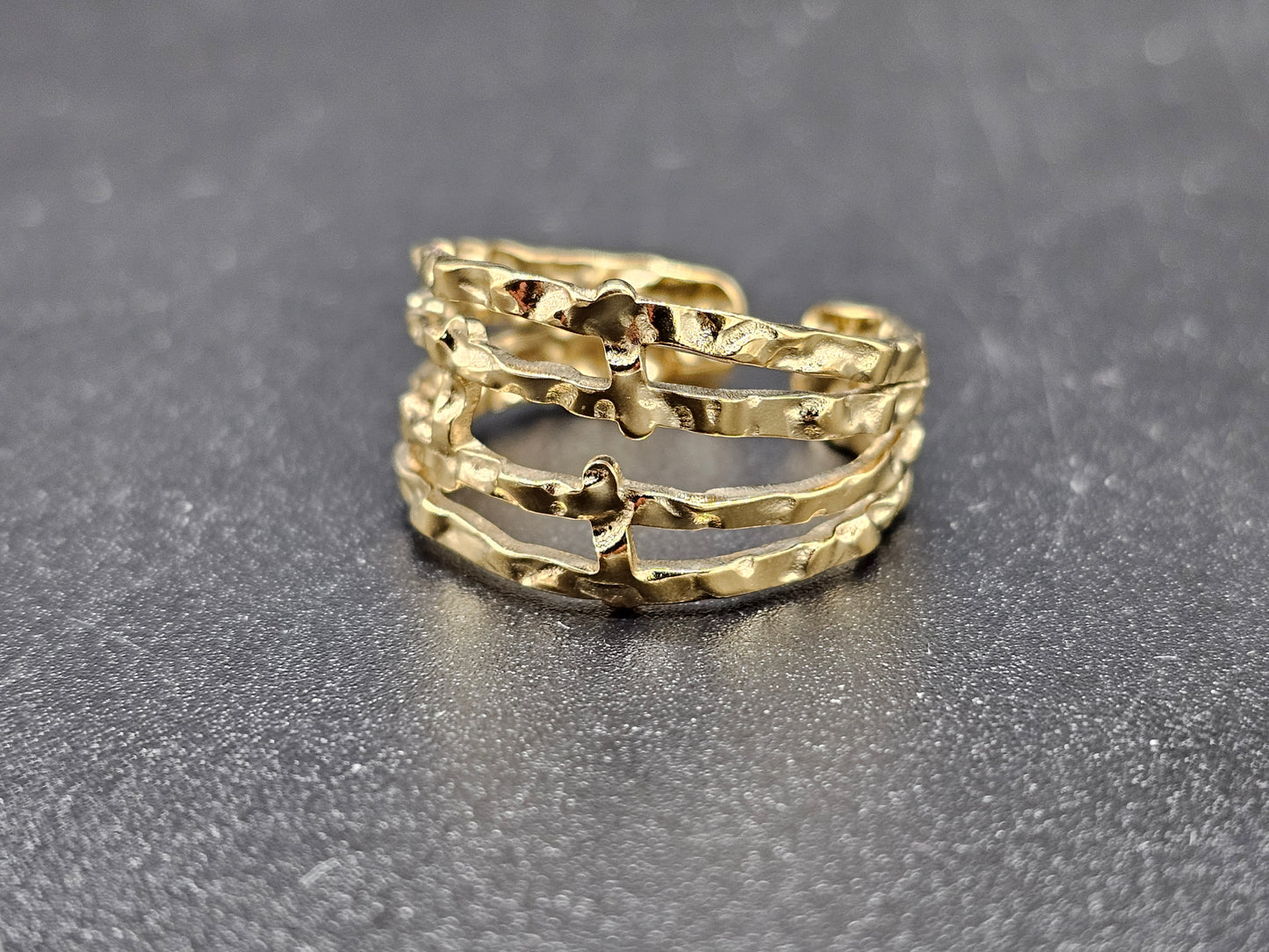Bague large multi-anneaux ouverte ajustable acier inoxydable doré argenté martelé