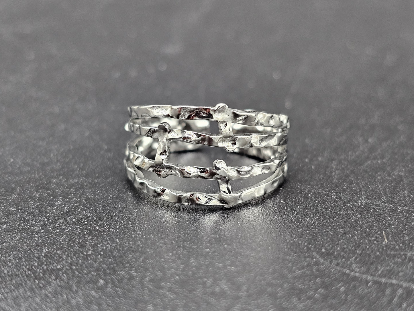 Bague large multi-anneaux ouverte ajustable acier inoxydable doré argenté martelé