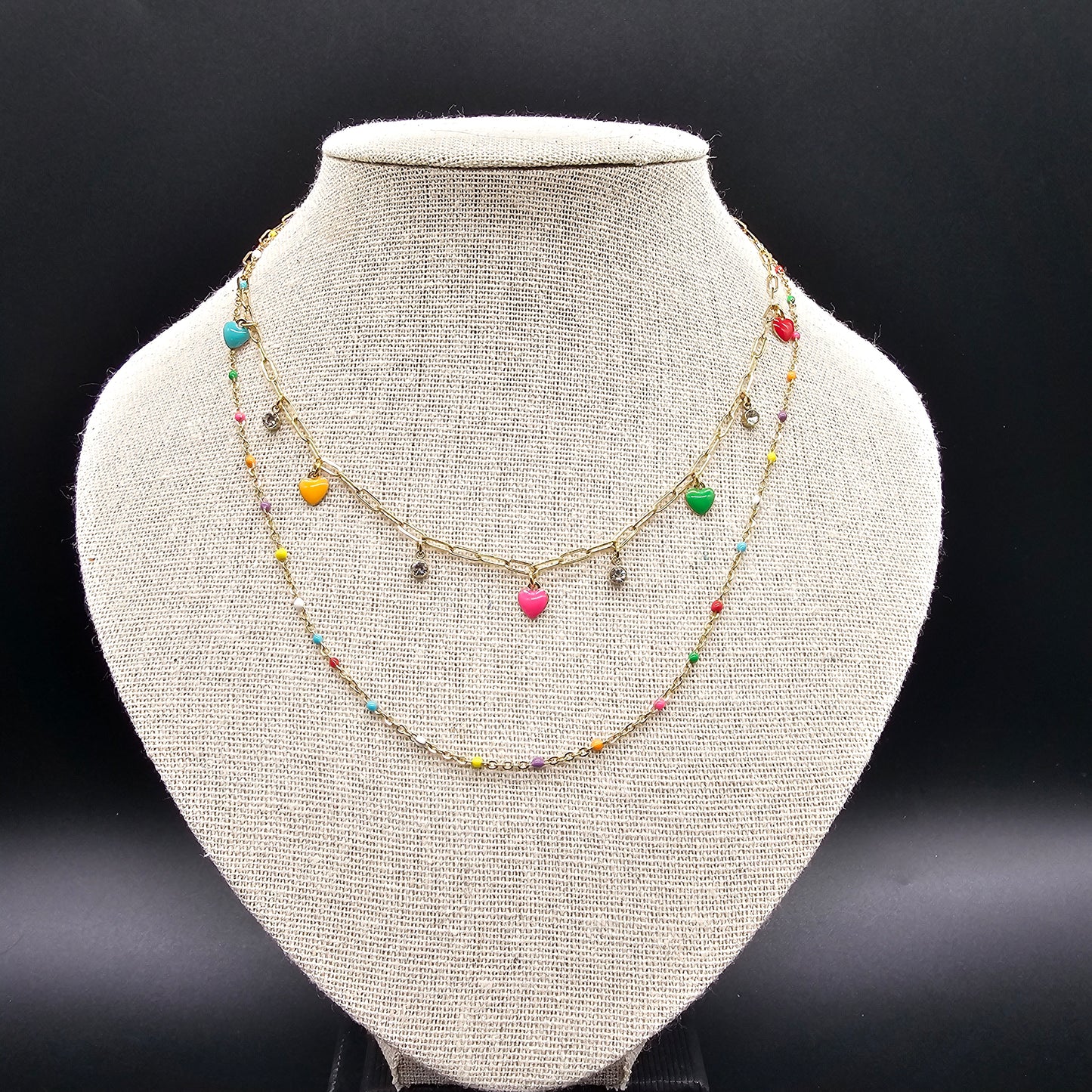 Collier "good vibes" double chaîne acier inoxydable doré chaîne maille forcat perle en pierre reconstituée pampille coeur et perle et strass