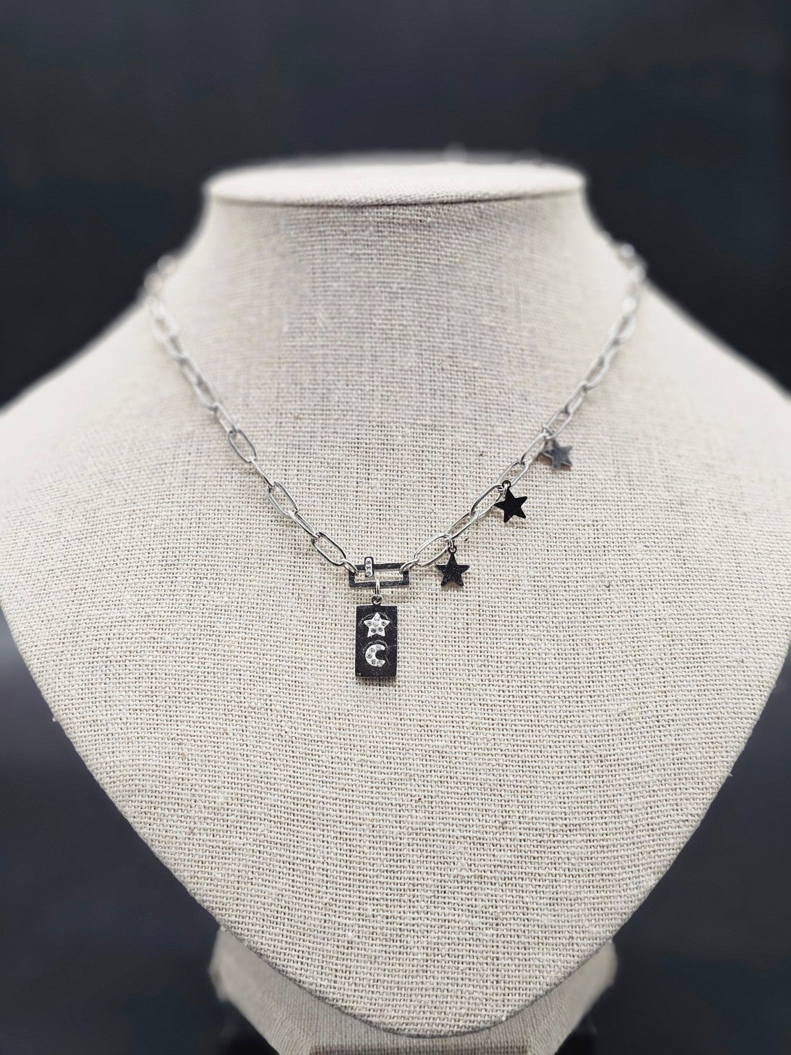 Collier Étoiles & Lune – Chaîne maillons acier inoxydable argenté