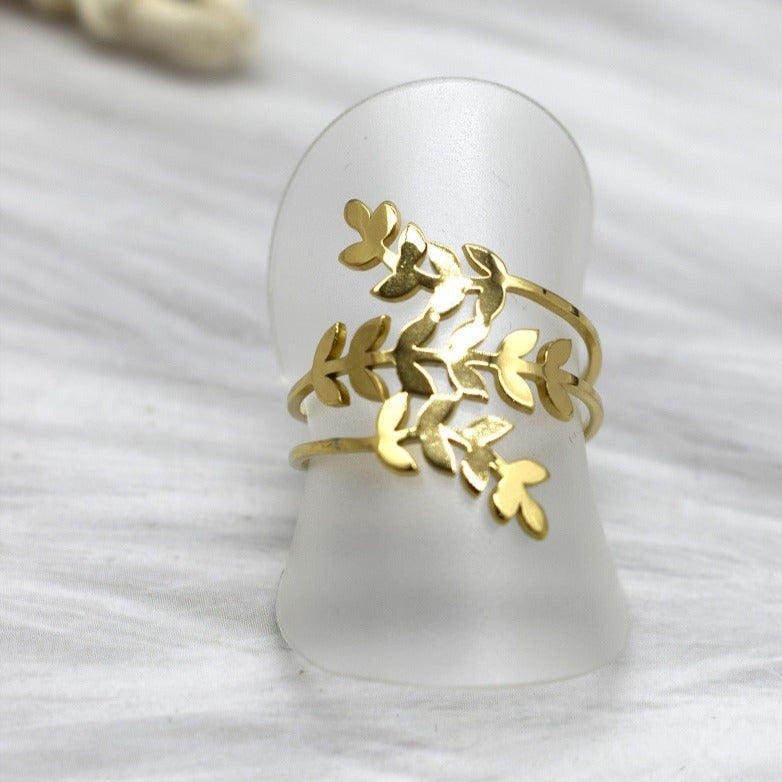 Bague triple rang feuilles d’olivier ajustable – acier inoxydable doré ou argenté