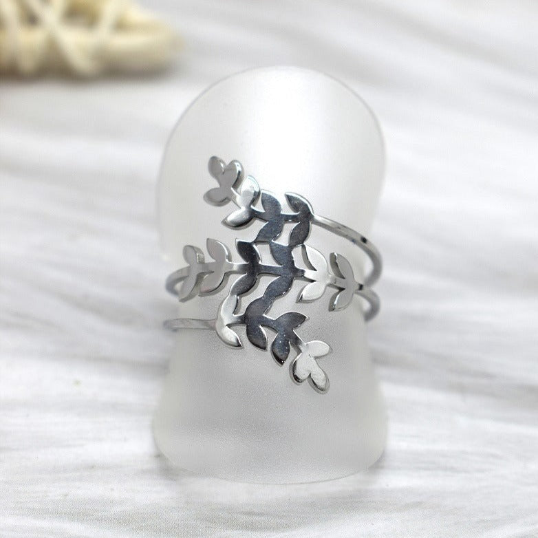 Bague triple rang feuilles d’olivier ajustable – acier inoxydable doré ou argenté