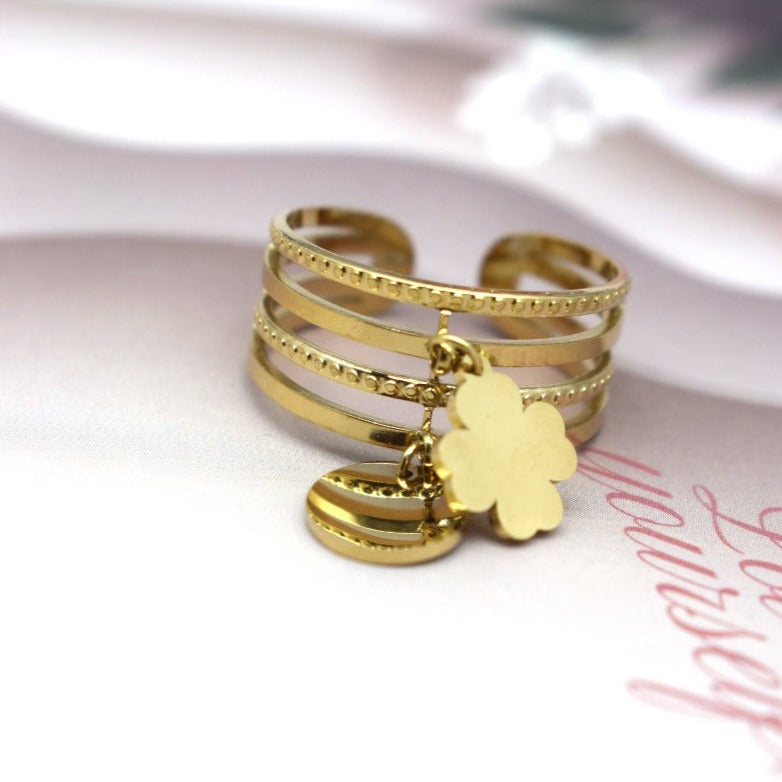 Bague multi-anneaux dorée ajustable acier inoxydable trèfle et pastille