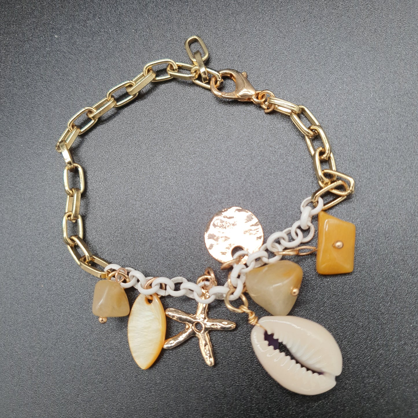 Bracelet plage coquillage cauri éclats pierre nacre étoile de mer