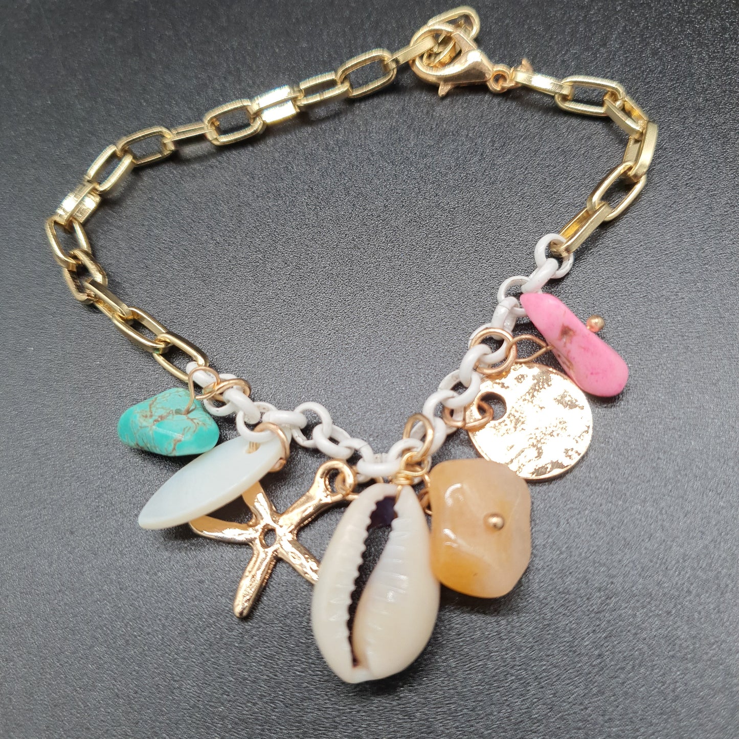 Bracelet plage coquillage quartz nacre étoile de mer dorée