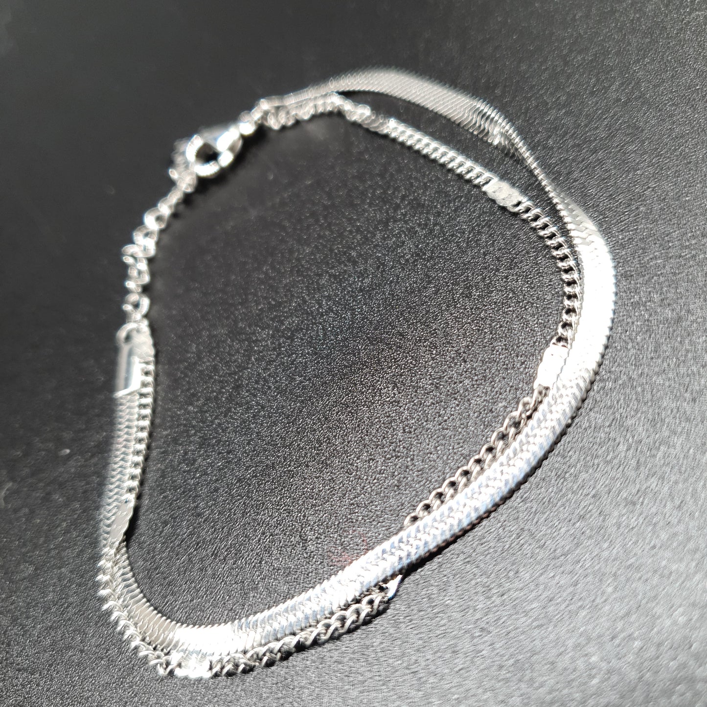 Bracelet double rang acier inoxydable argenté maille miroir et maille gourmette