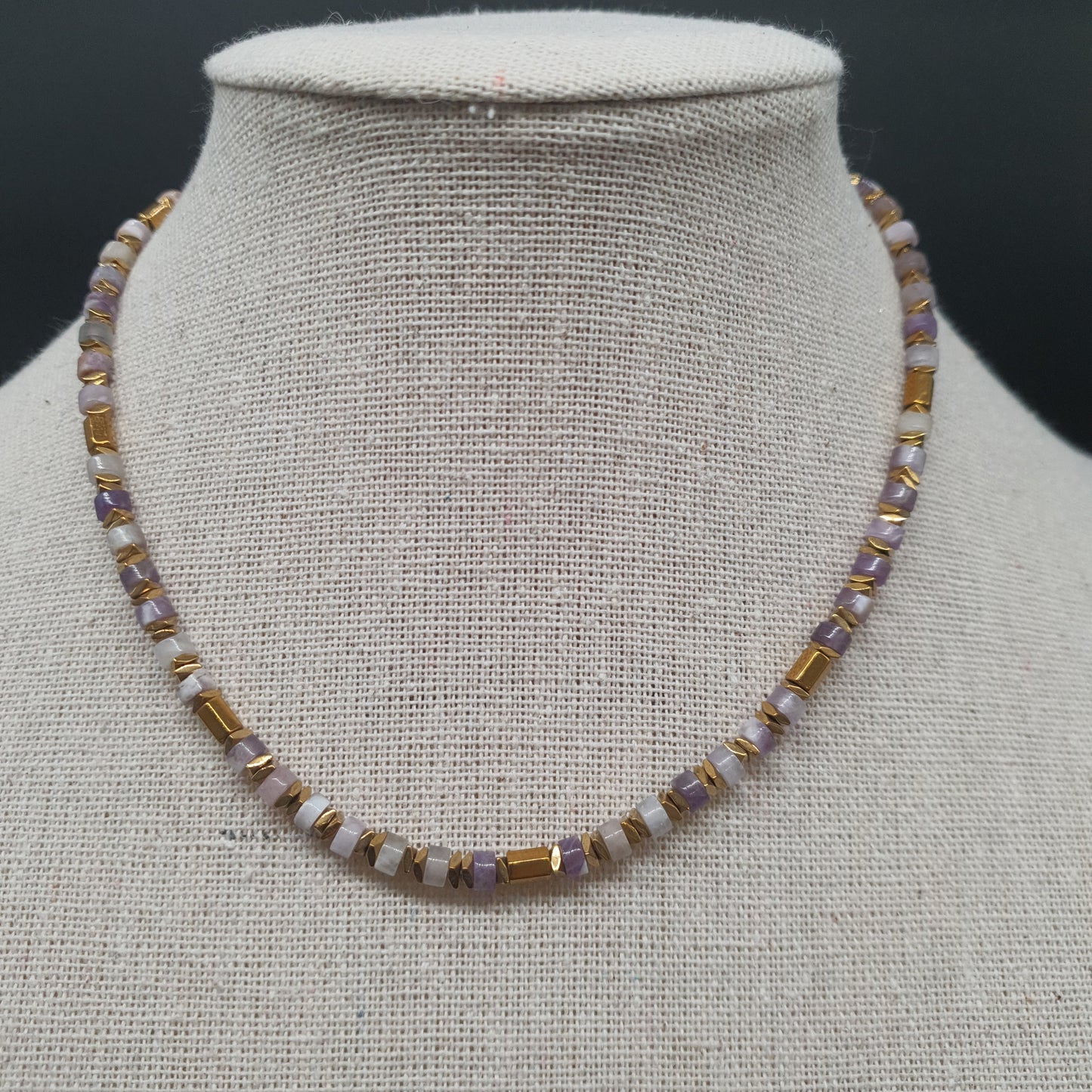 Collier acier inoxydable rondelles pierre naturelle tubes billes facettées