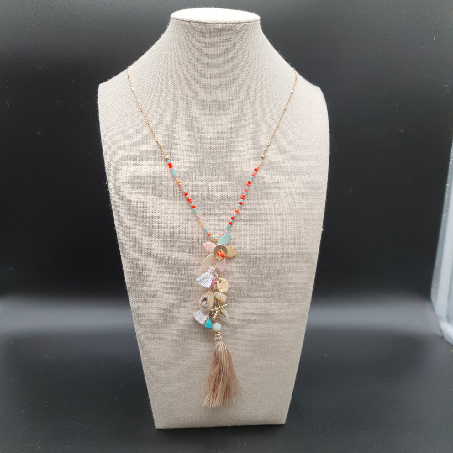 Collier sautoir doré acier inoxydable détails émaillés motif libellule perles de verre – Chaîne maille satellite