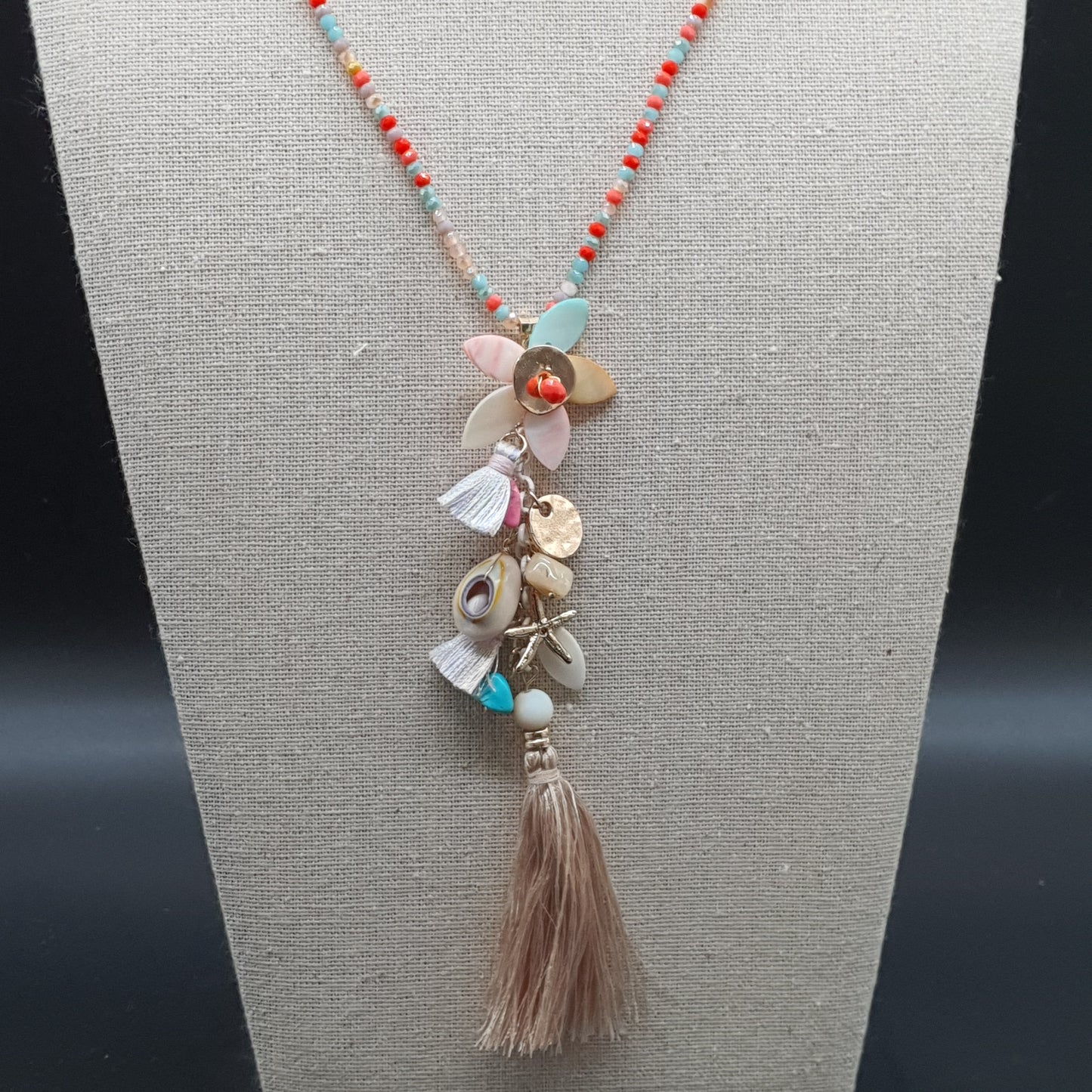 Collier sautoir doré acier inoxydable détails émaillés motif libellule perles de verre – Chaîne maille satellite