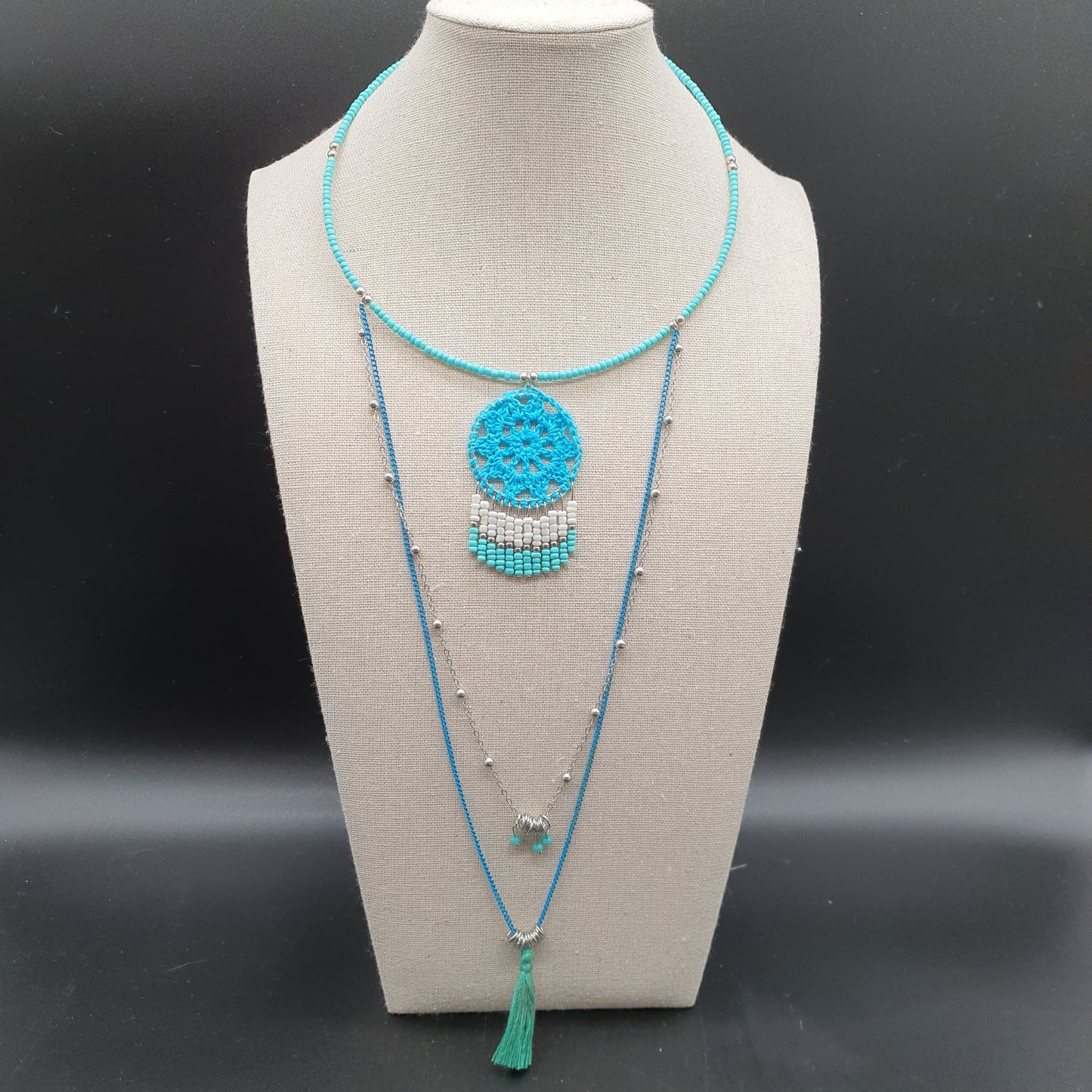 Collier sautoir bohème tour de cou cable perles turquoise billes métal argenté attrape-rêve crochet perles chaîne fine maille forçat billes pierre reconstituée maille gourmette colorée pompon tassel