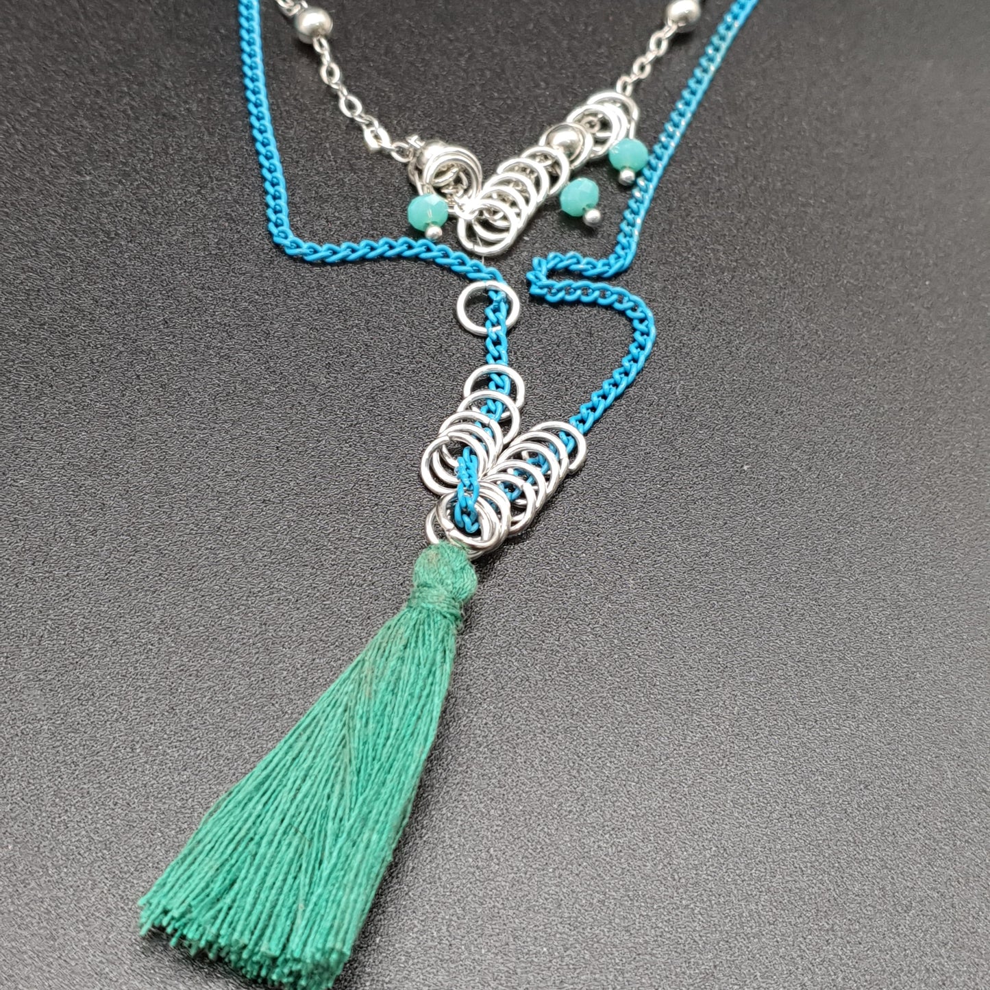 Collier sautoir bohème tour de cou cable perles turquoise billes métal argenté attrape-rêve crochet perles chaîne fine maille forçat billes pierre reconstituée maille gourmette colorée pompon tassel