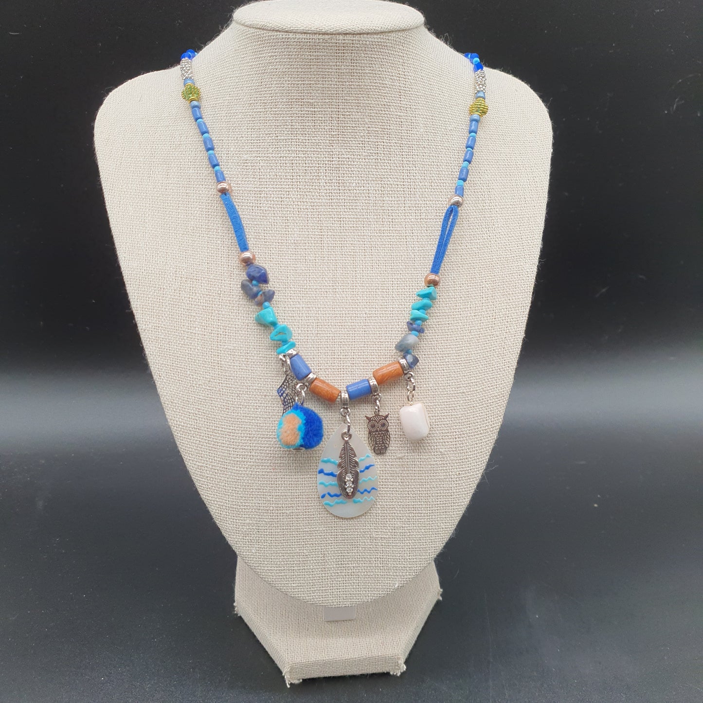 Collier bracelet 2 en 1 bleu cordon élastique suédine perles fantaisie pierre reconstituée acier inoxydable