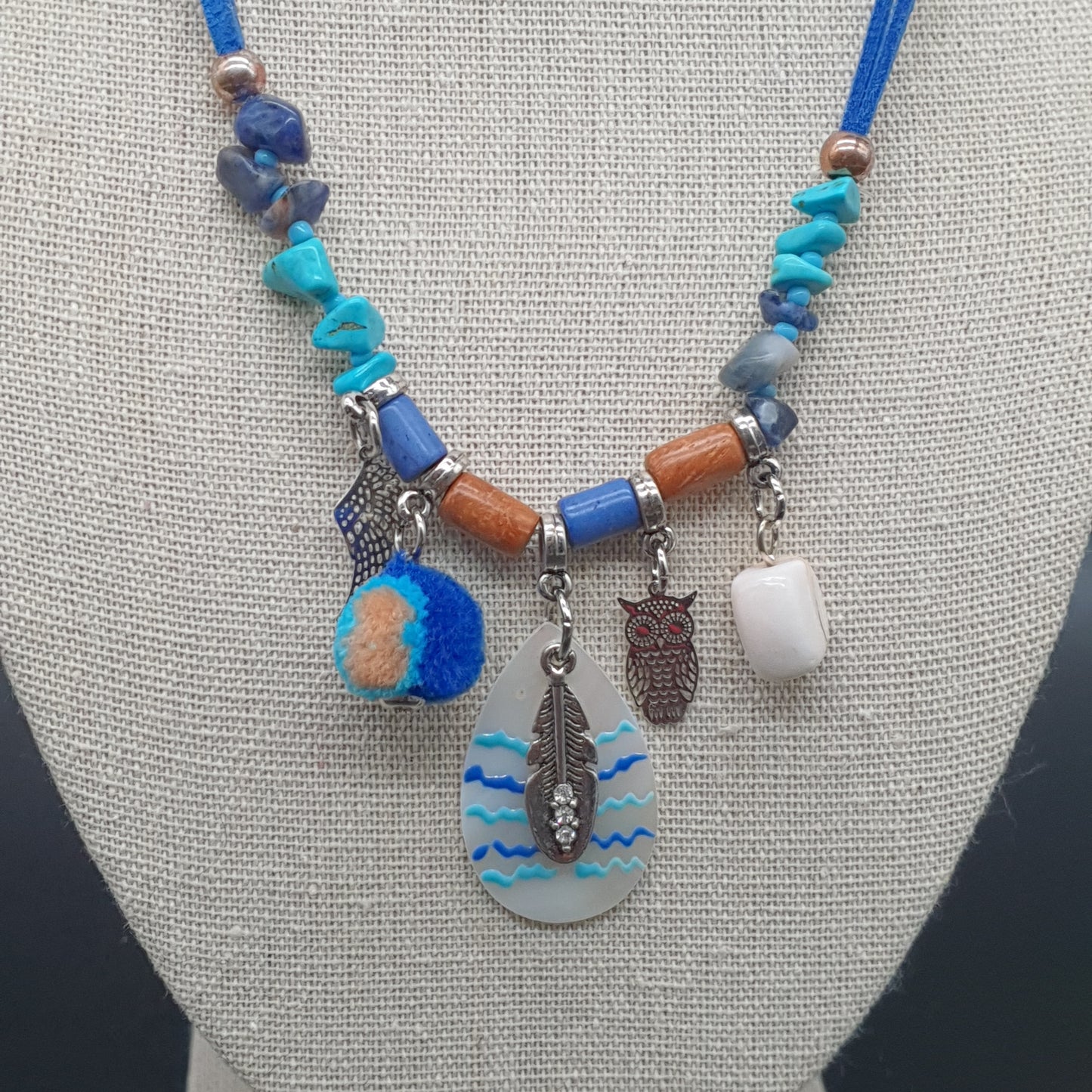 Collier bracelet 2 en 1 bleu cordon élastique suédine perles fantaisie pierre reconstituée acier inoxydable