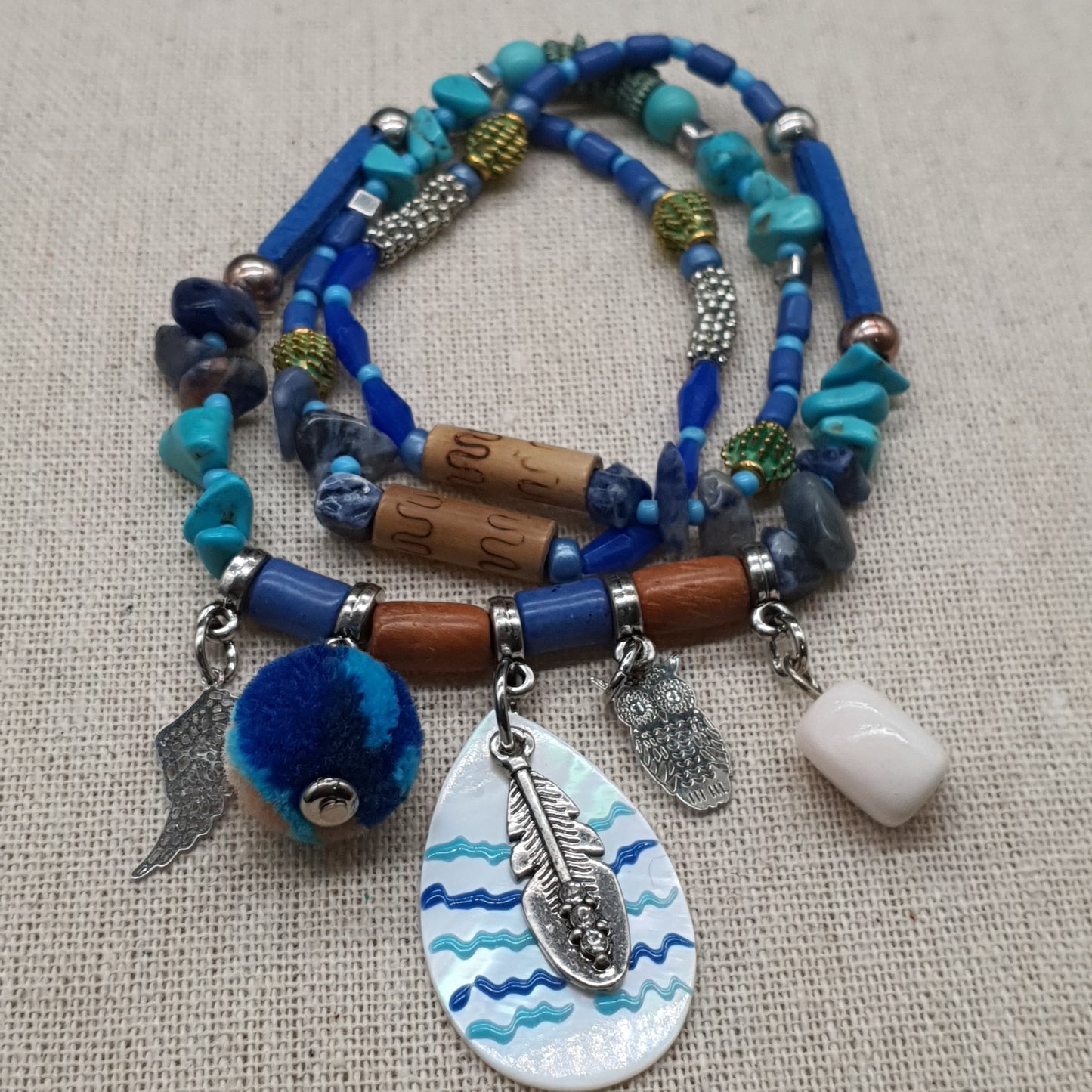 Collier bracelet 2 en 1 bleu cordon élastique suédine perles fantaisie pierre reconstituée acier inoxydable