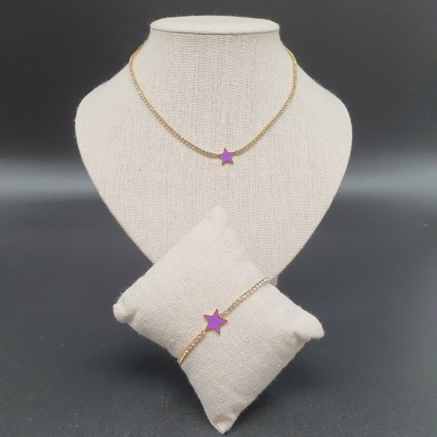 Parure collier bracelet acier inoxydable chaîne dorée maille sertie de strass blancs étoile émail coloré Lilas de Seine