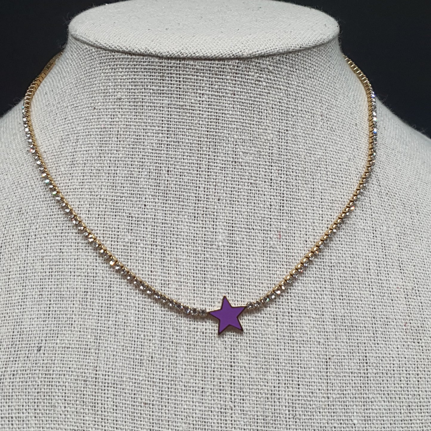 Parure collier bracelet acier inoxydable chaîne dorée maille sertie de strass blancs étoile émail coloré Lilas de Seine