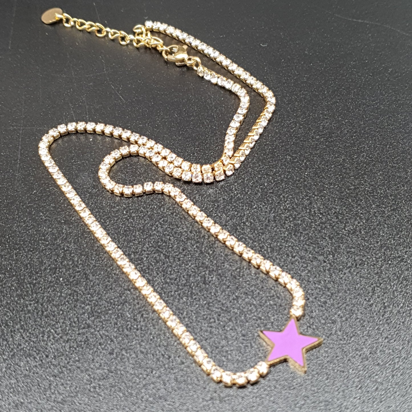 Parure collier bracelet acier inoxydable chaîne dorée maille sertie de strass blancs étoile émail coloré Lilas de Seine