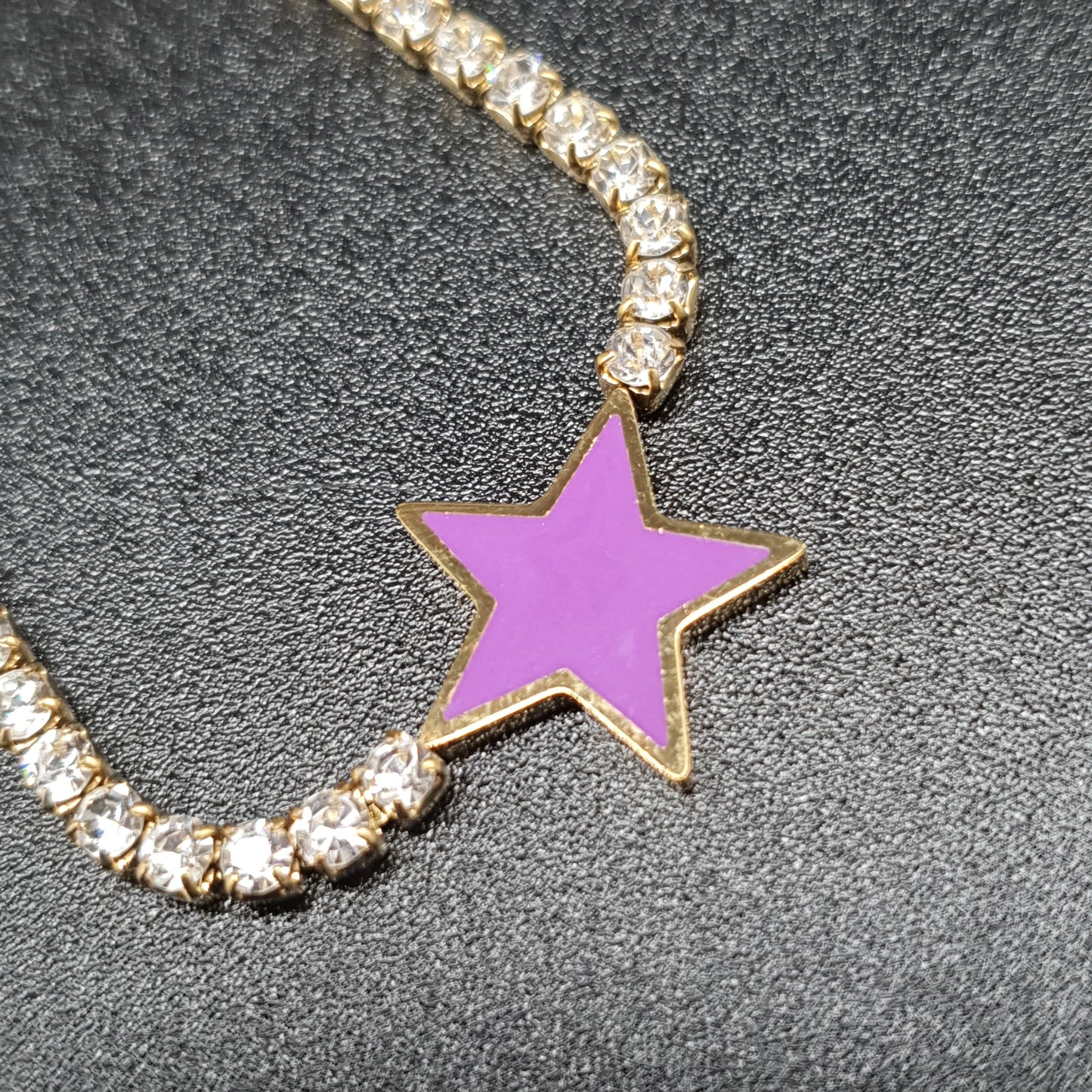 Parure collier bracelet acier inoxydable chaîne dorée maille sertie de strass blancs étoile émail coloré Lilas de Seine