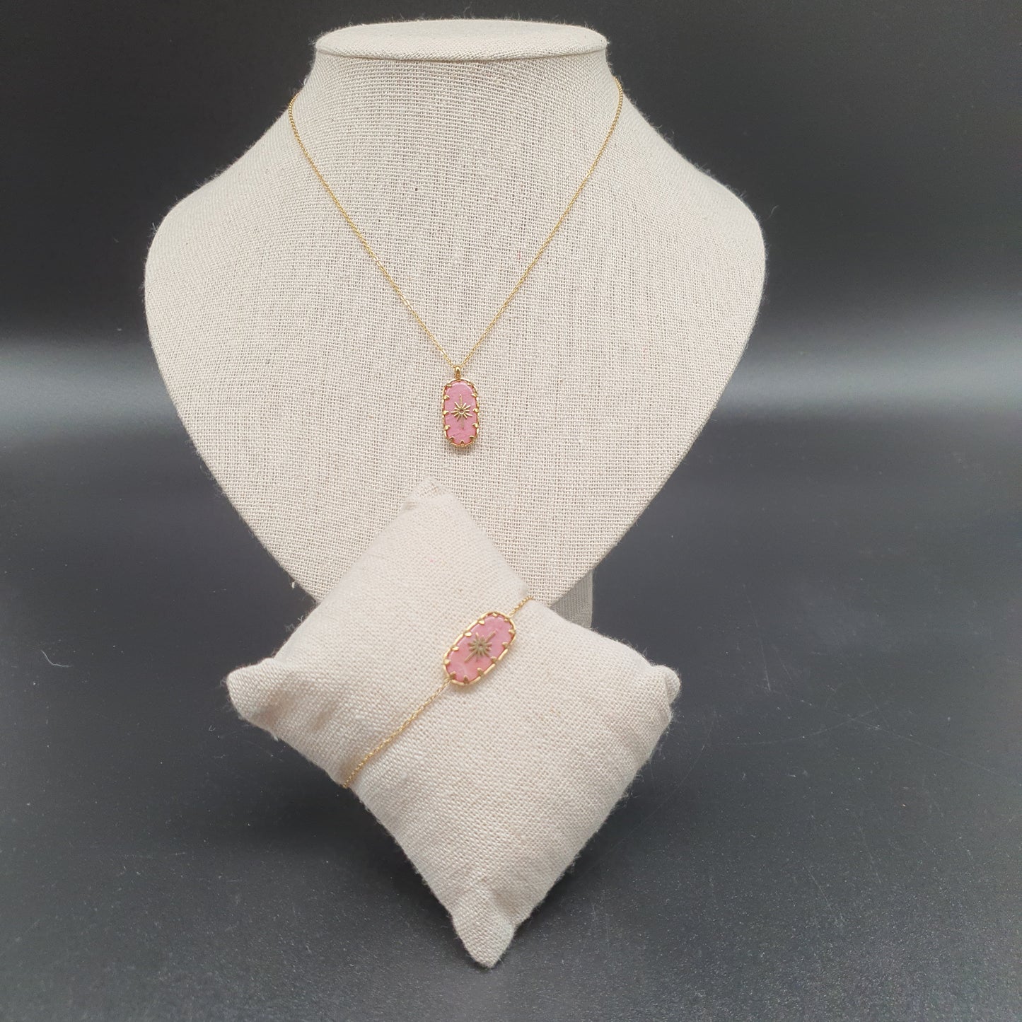 Parure dorée acier inoxydable pendentif nacré rose étoile polaire