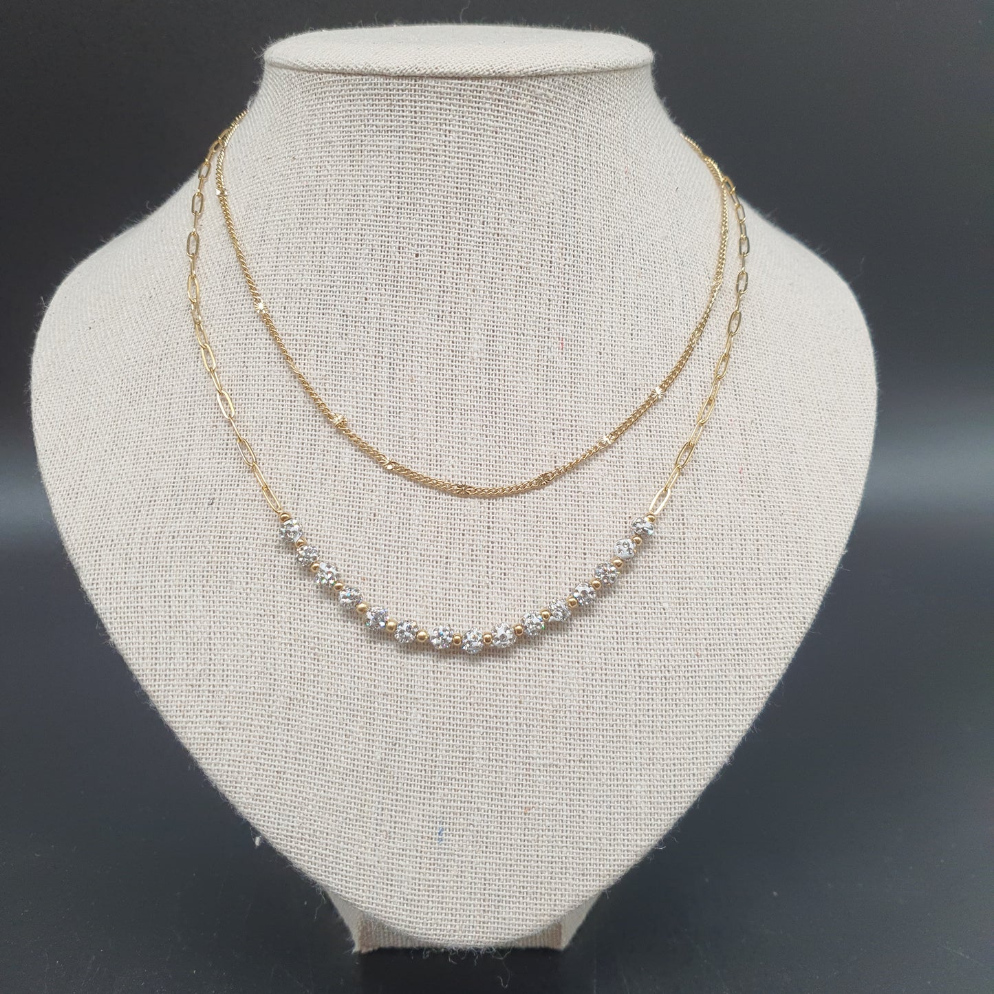 Collier double rang acier inoxydable doré – chaîne maille gourmette & maille billes fantaisie