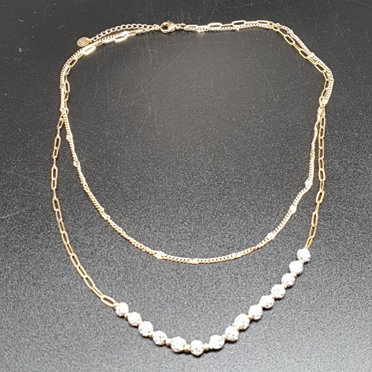 Collier double rang acier inoxydable doré – chaîne maille gourmette & maille billes fantaisie