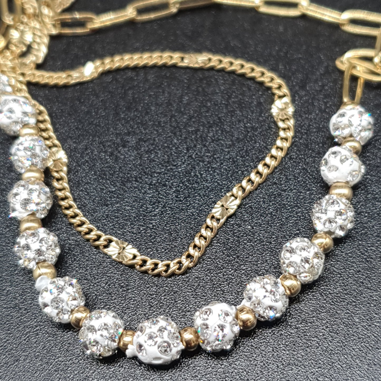 Collier double rang acier inoxydable doré – chaîne maille gourmette & maille billes fantaisie