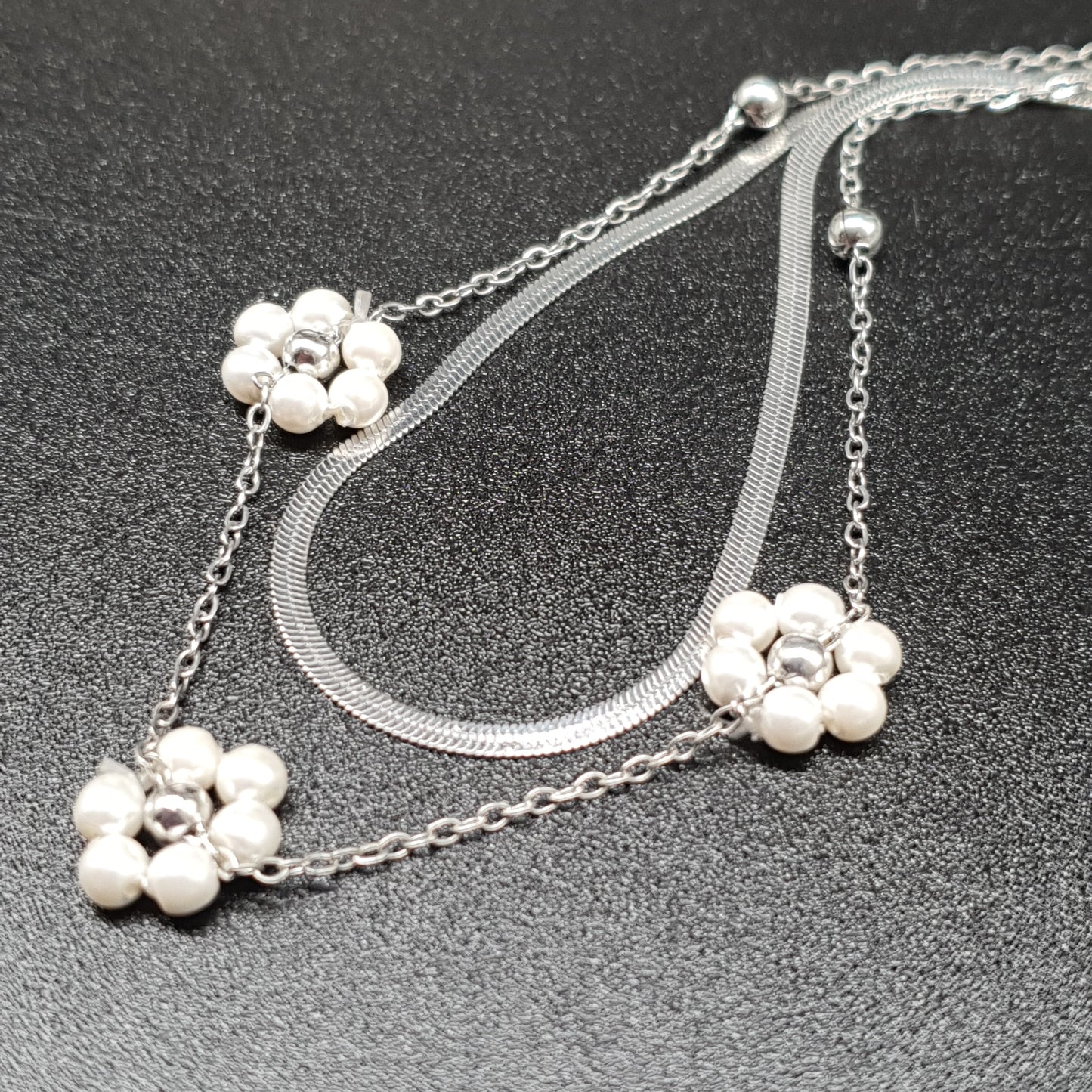 Collier double rang acier inoxydable argenté chaînes maille miroir & fleur