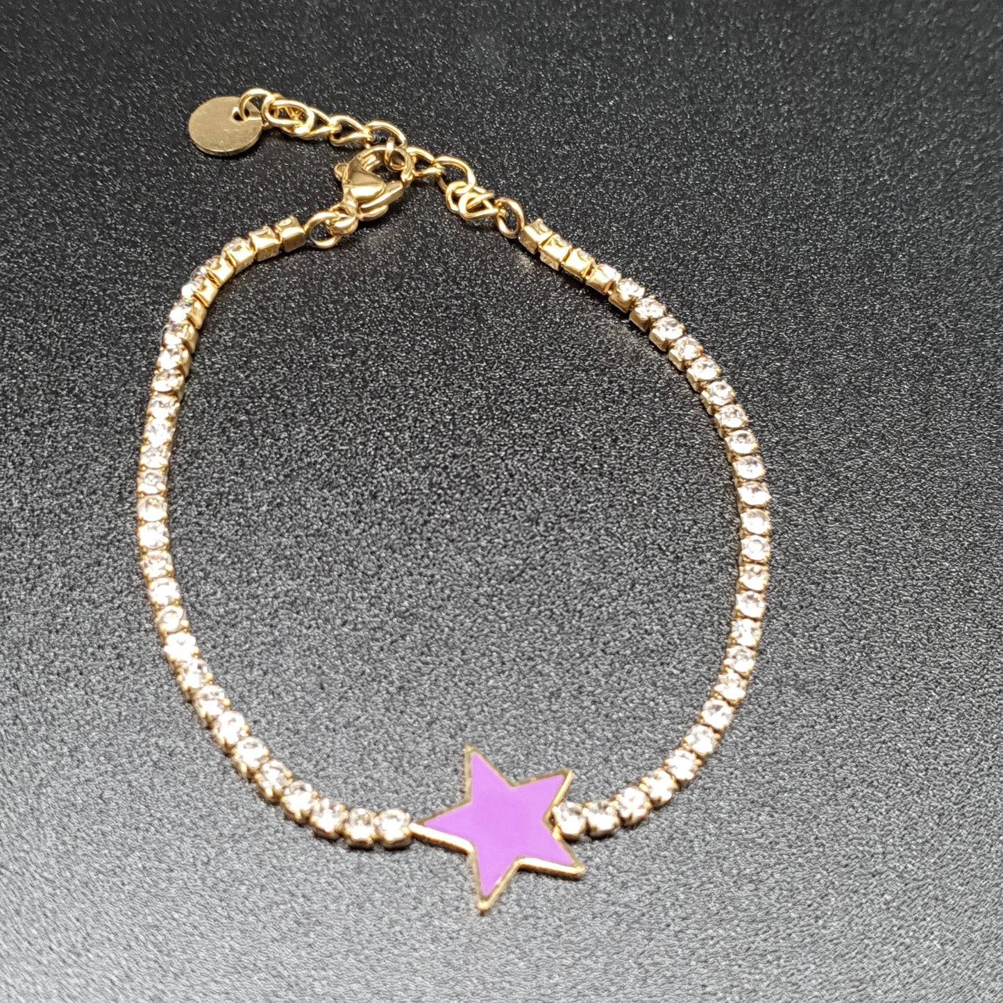 Bracelet doré acier inoxydable maille sertie de strass blancs et pendentif étoile émaillée violette