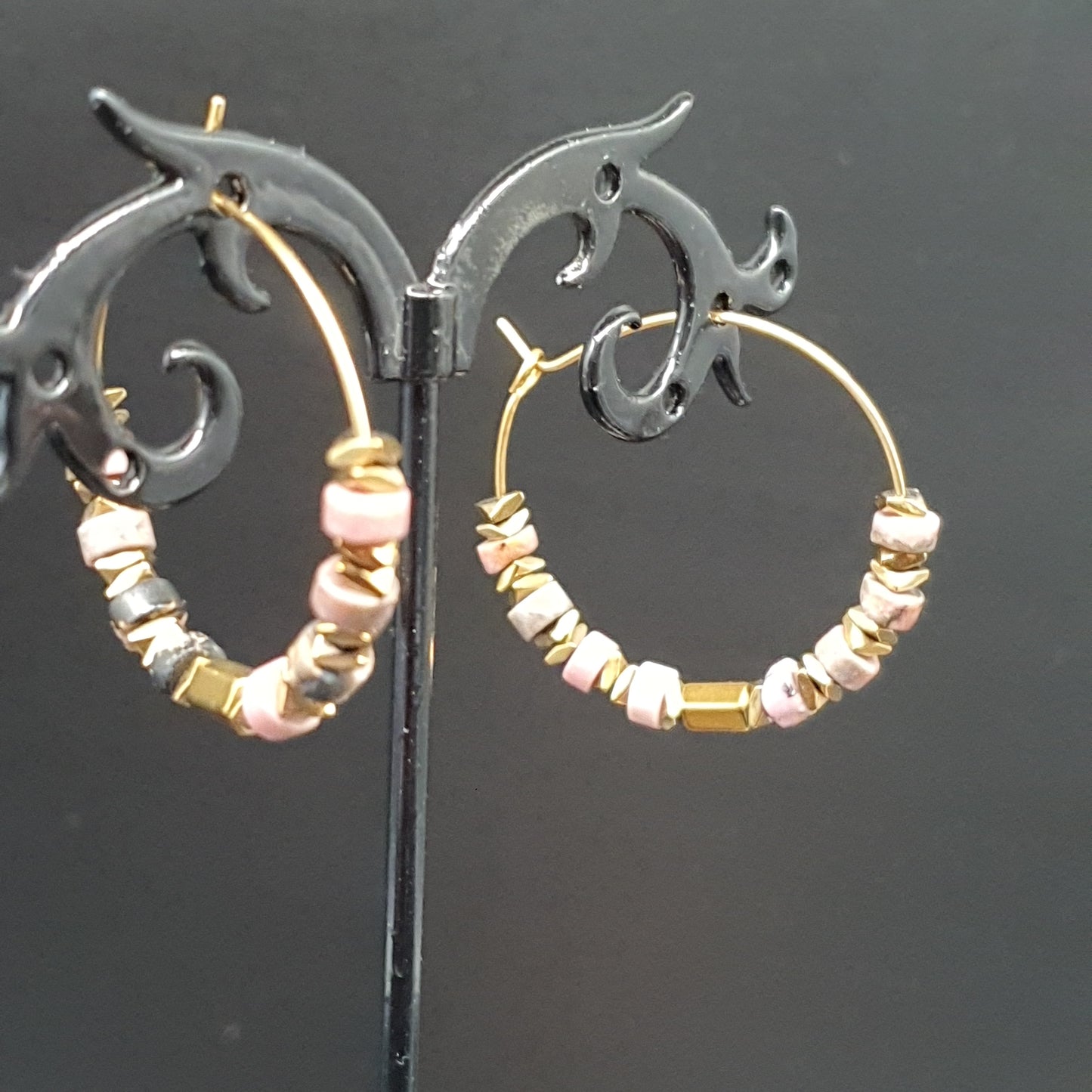 Boucles d'oreilles créoles acier inoxydable doré perles tubes rondelles pierre naturelle