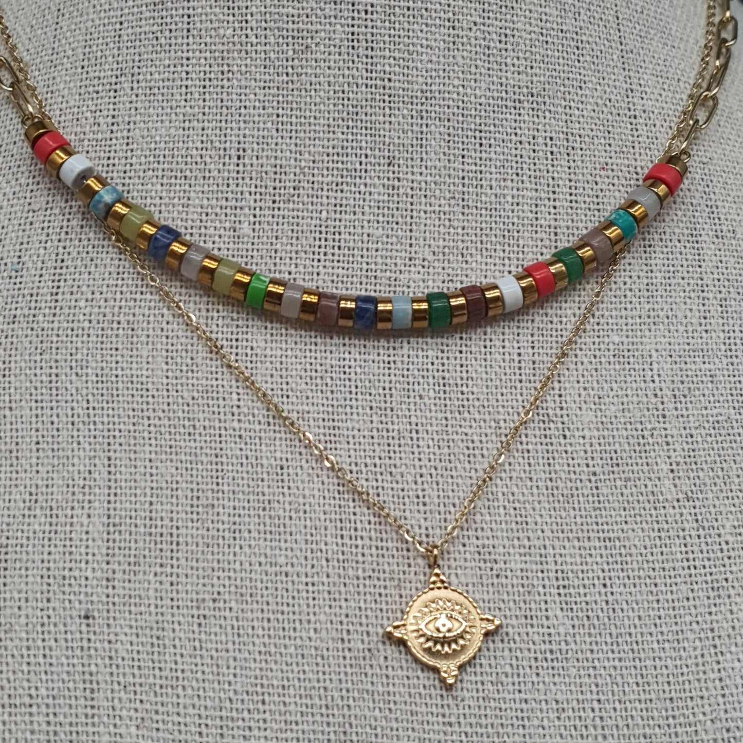 Collier double chaîne perlée acier inoxydable doré ou argenté avec médaillon fin œil mystique