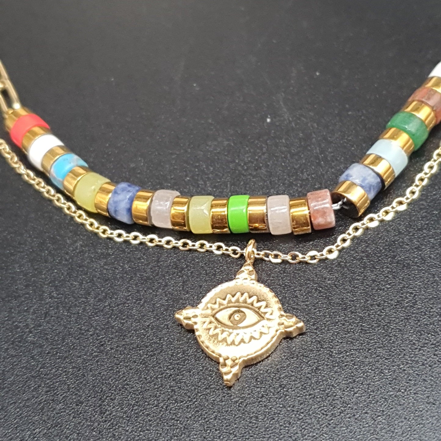 Collier double chaîne perlée acier inoxydable doré ou argenté avec médaillon fin œil mystique