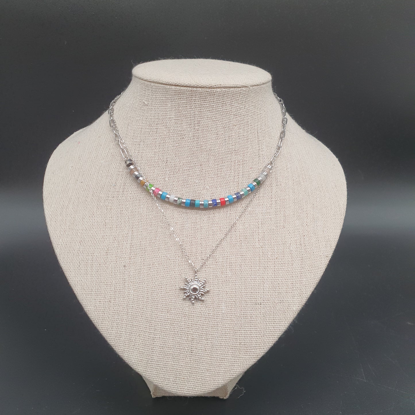 Collier double chaîne acier inoxydable doré ou argenté pendentif soleil astral
