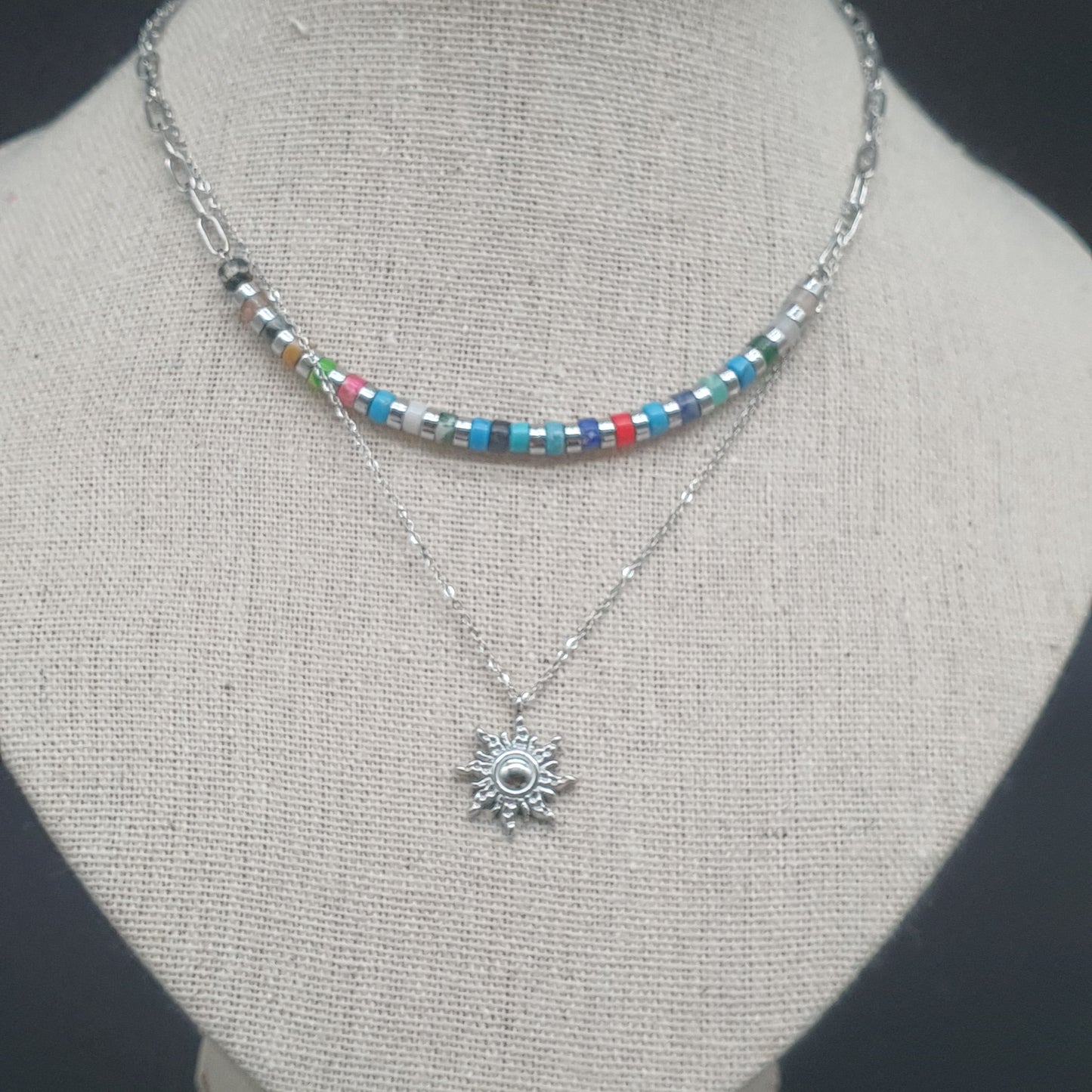 Collier double chaîne acier inoxydable doré ou argenté pendentif soleil astral