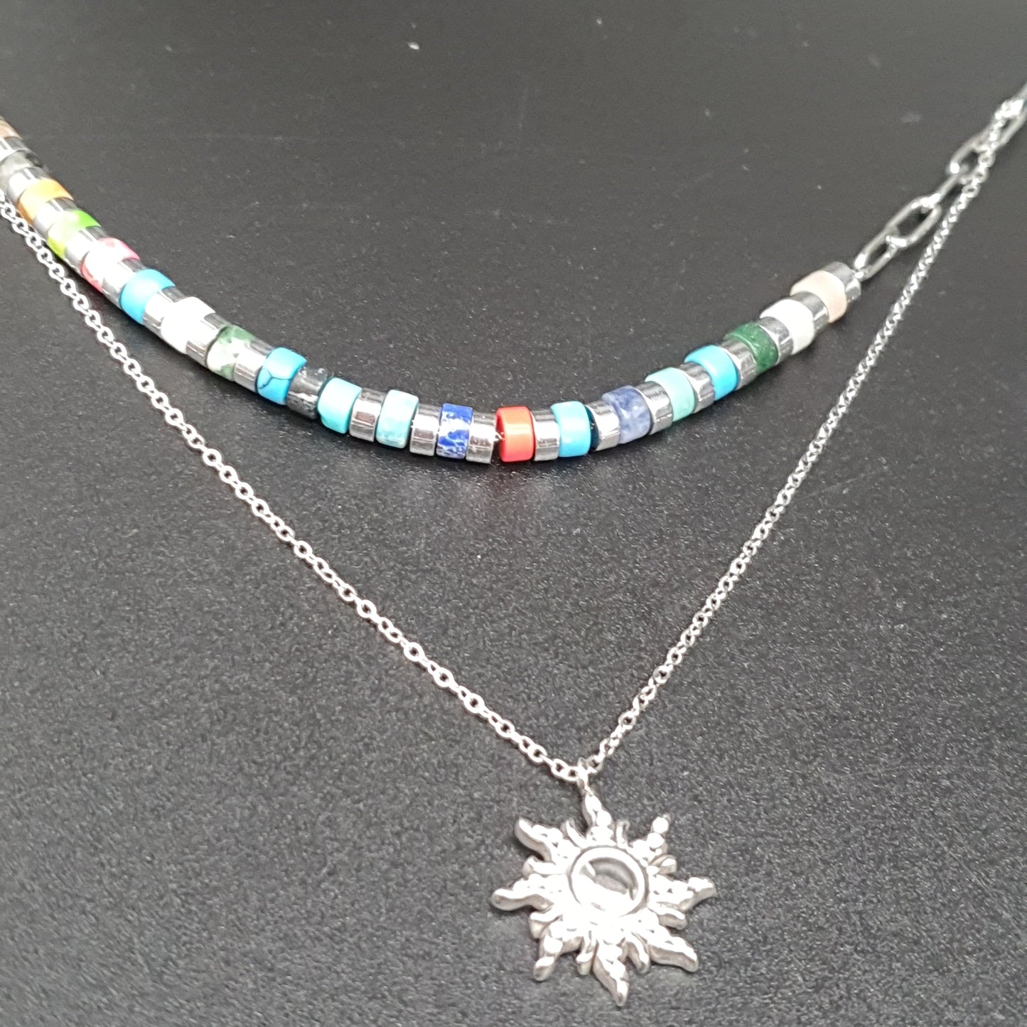 Collier double chaîne acier inoxydable doré ou argenté pendentif soleil astral