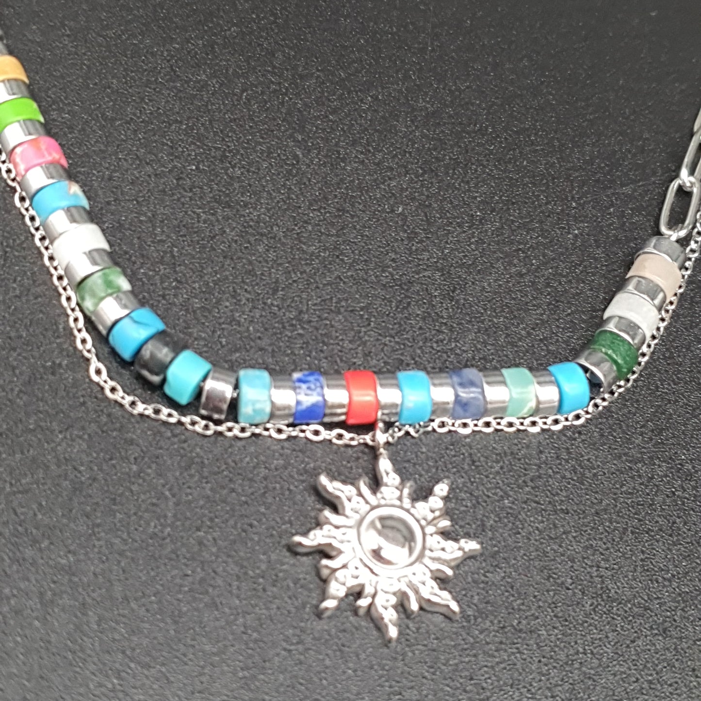 Collier double chaîne acier inoxydable doré ou argenté pendentif soleil astral