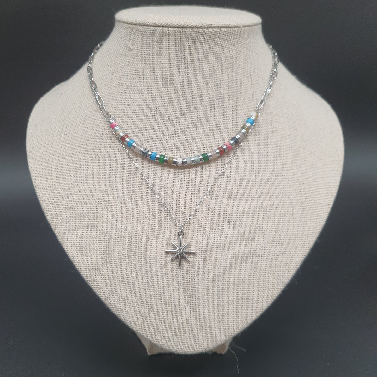 Collier double chaîne perlée acier inoxydable doré ou argenté – Pendentif étoile polaire
