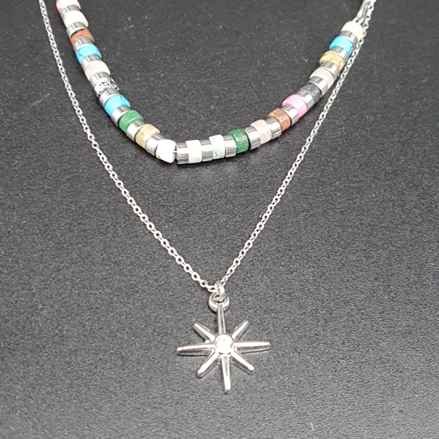 Collier double chaîne perlée acier inoxydable doré ou argenté – Pendentif étoile polaire