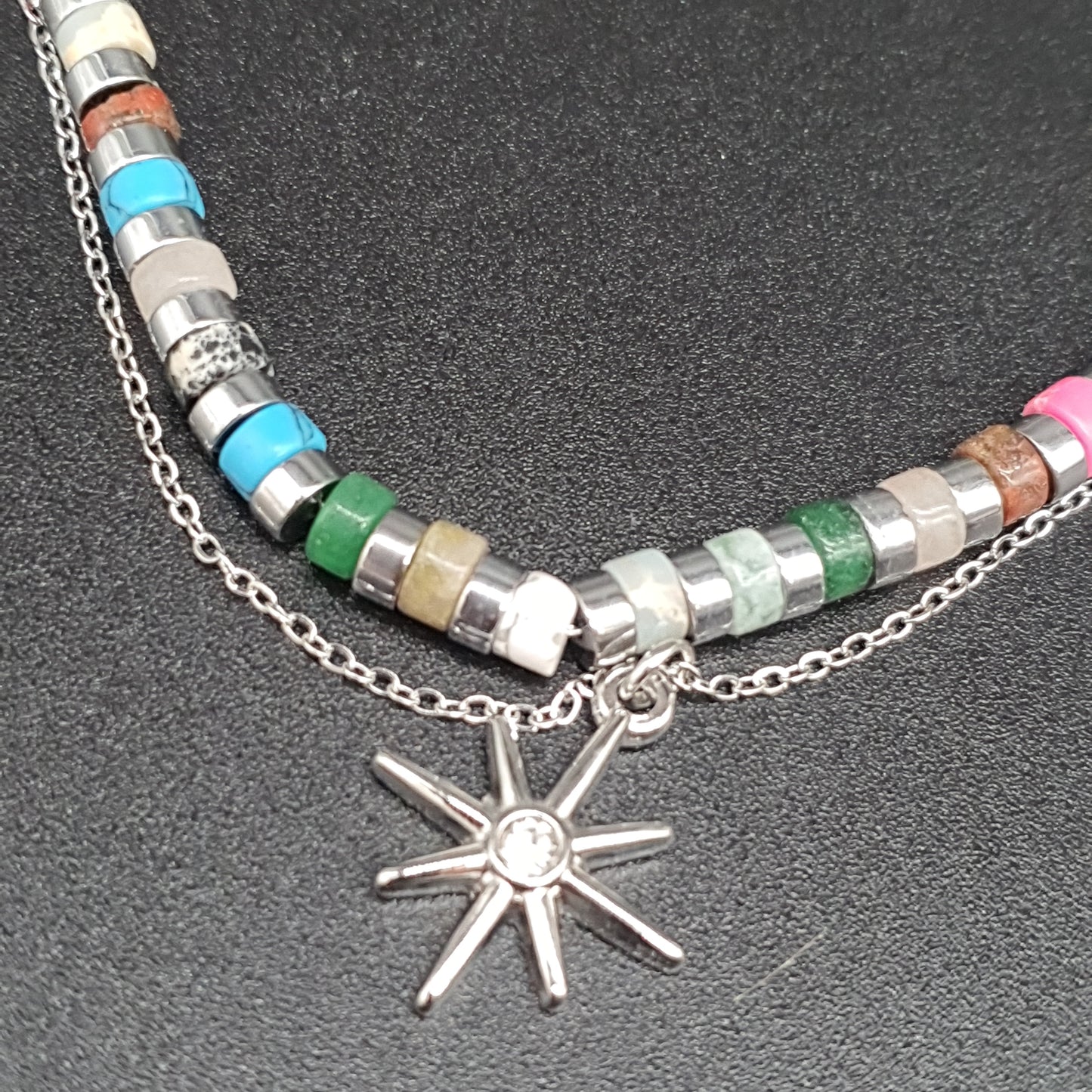 Collier double chaîne perlée acier inoxydable doré ou argenté – Pendentif étoile polaire