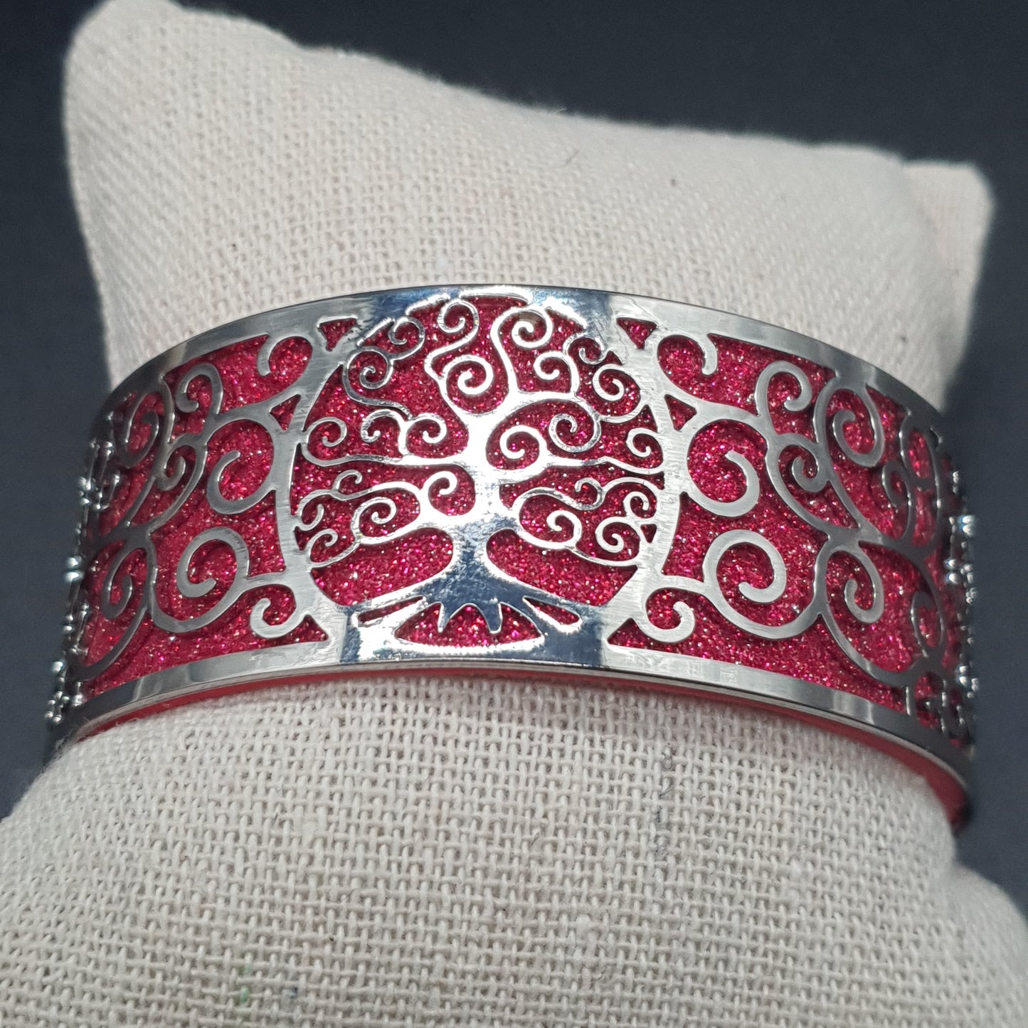 Bracelet manchette argenté arbre de vie en simili cuir coloré – acier inoxydable