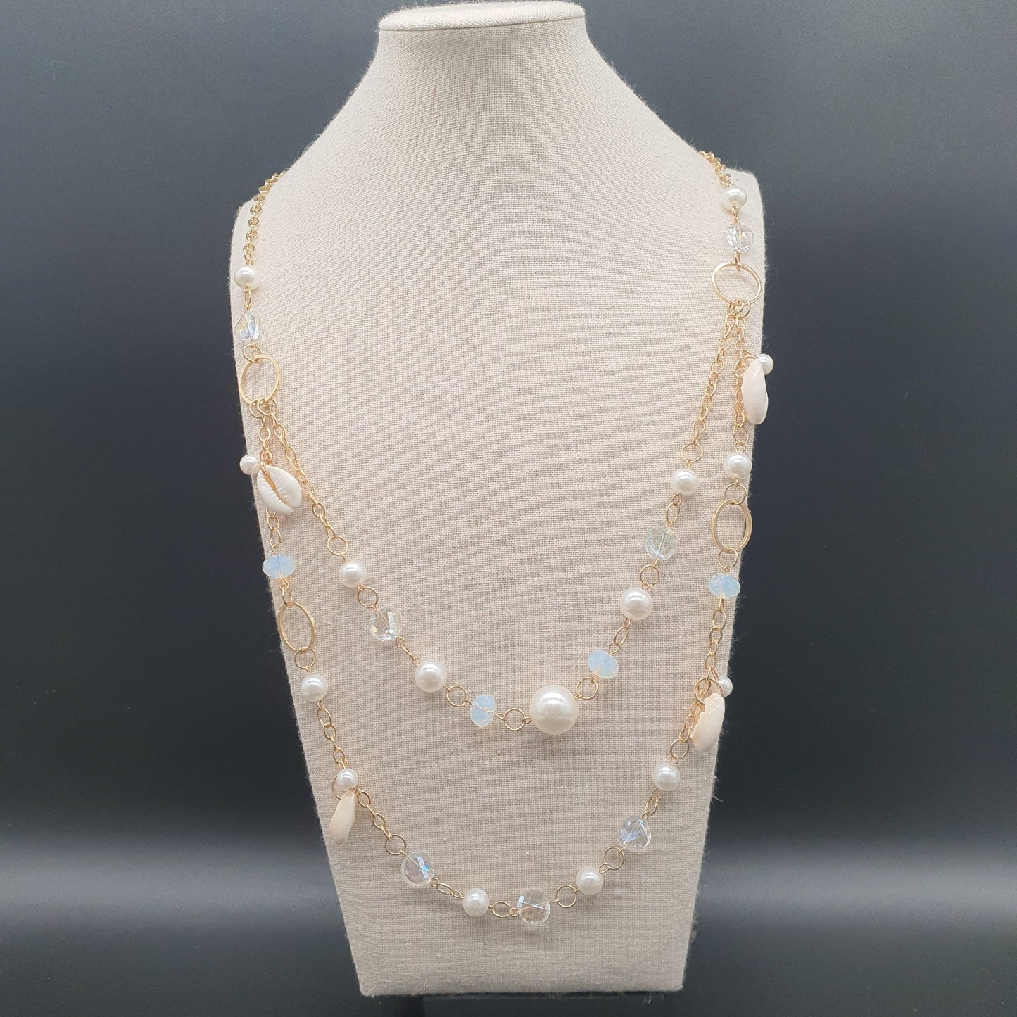 Collier sautoir double rang chaîne dorée maillons fantaisie perles eau douce