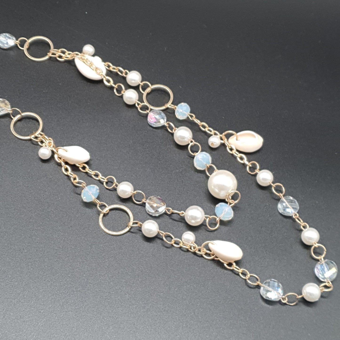 Collier sautoir double rang chaîne dorée maillons fantaisie perles eau douce